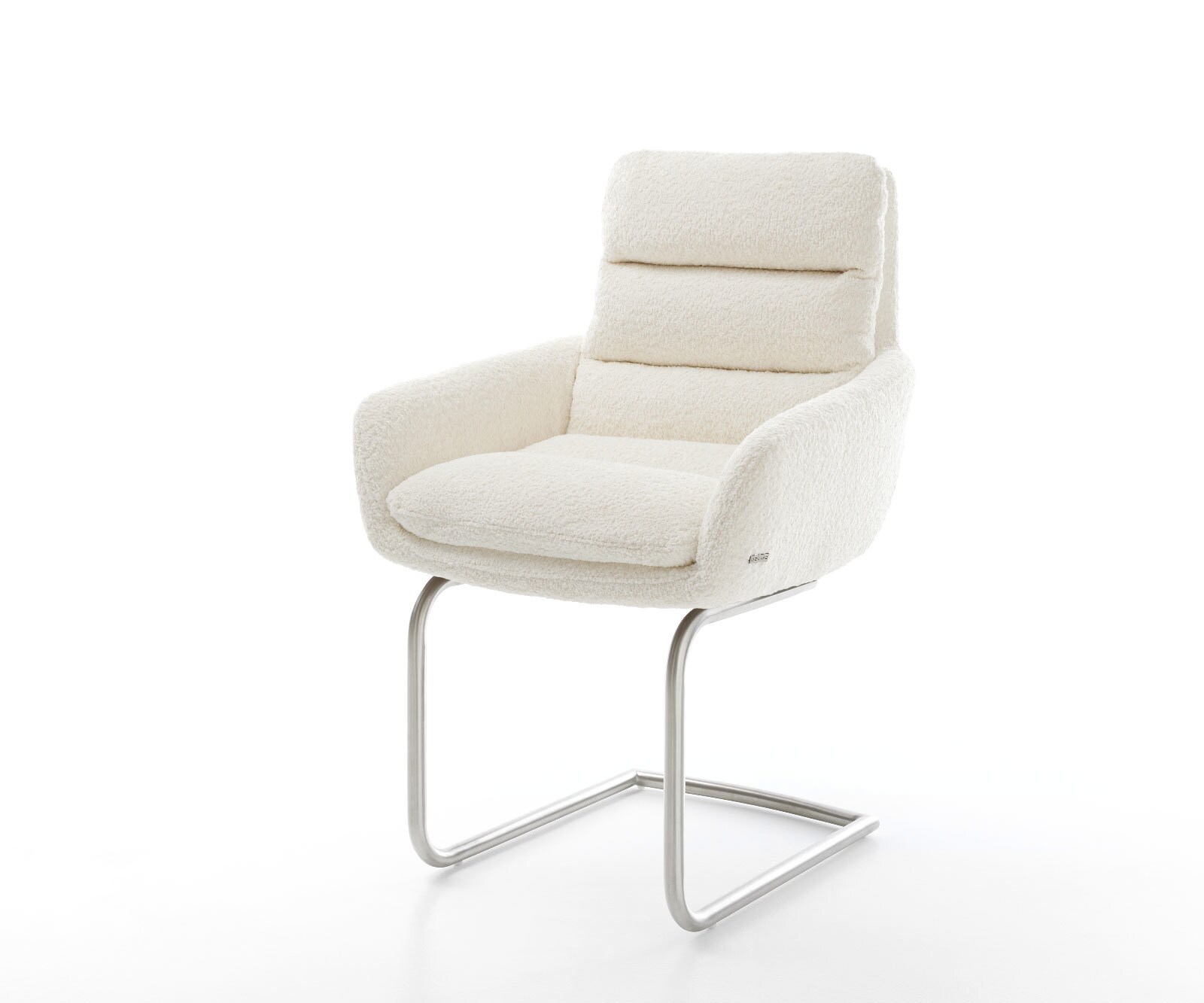 Cantilever Abelia-Flex avec accoudoirs bouclé blanc pied cantilever rond acier inoxydable brossé