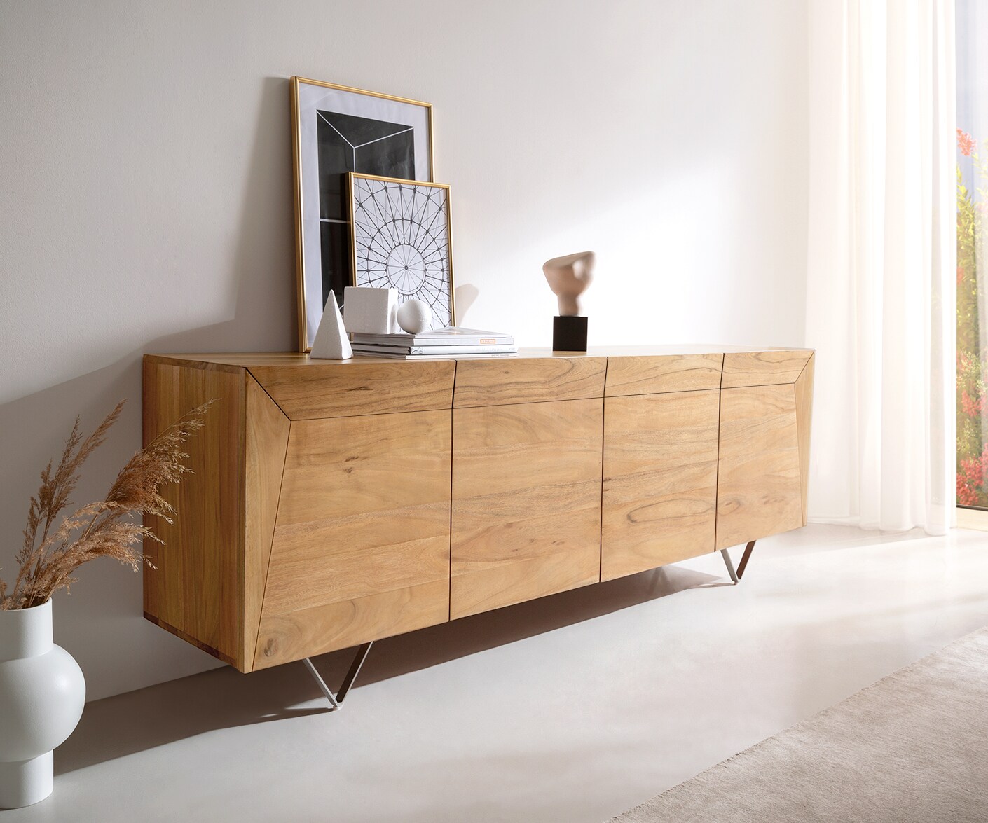 Buffet Kayu 200x40x70 cm acacia naturel 4 portes pied en V