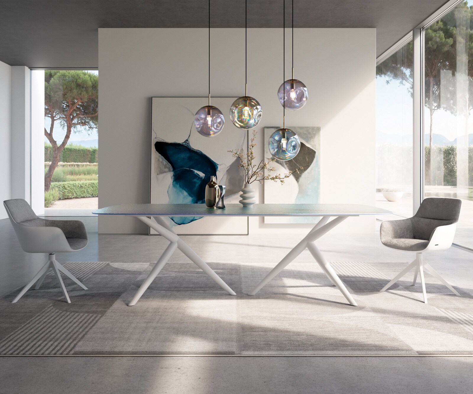 Table à manger Edge Boot 240x120 verre en relief Perlmutt 3D-Design Estelar rond métal blanc