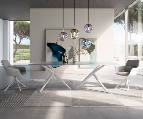 Table à manger Edge Boot 240x120 verre en relief Perlmutt 3D-Design Estelar rond métal blanc