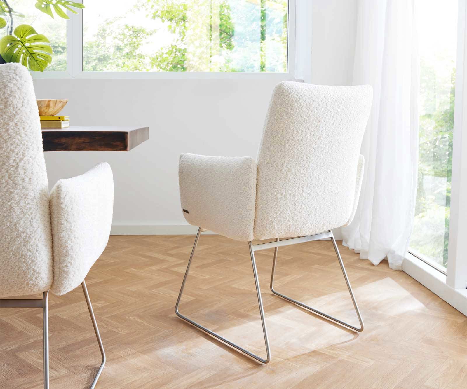 Chaise-de-salle-à-manger Jova-Flex avec accoudoirs bouclé blanc pied trapèze acier inoxydable brossé ressorts ensachés 4 Chaise-de-salle-à-manger Jova-Flex avec accoudoirs bouclé blanc pied trapèze acier inoxydable brossé ressorts ensachés 4