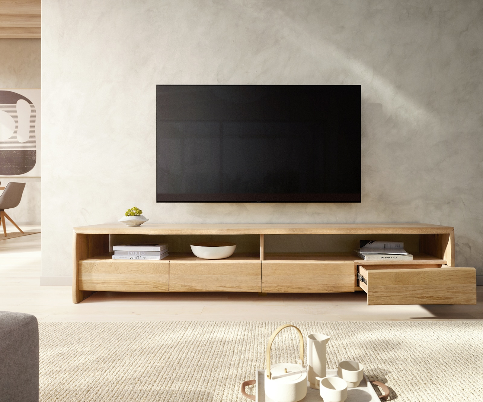 Meuble TV Live-Edge 230 cm chêne naturel 4 tiroirs bordure d'arbre massif  3 Meuble TV Live-Edge 230 cm chêne naturel 4 tiroirs bordure d'arbre massif  3