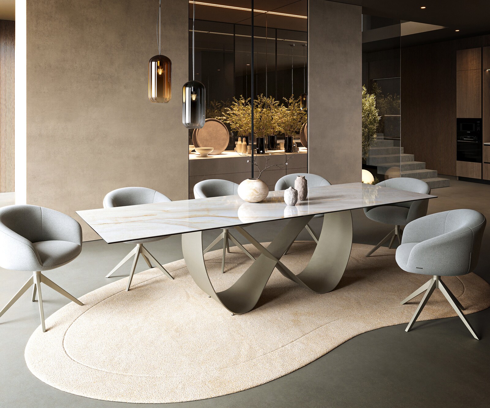 Table à manger Edge 300x100 cm céramique Onyx Pearl Infinity métal finition effet titane 7