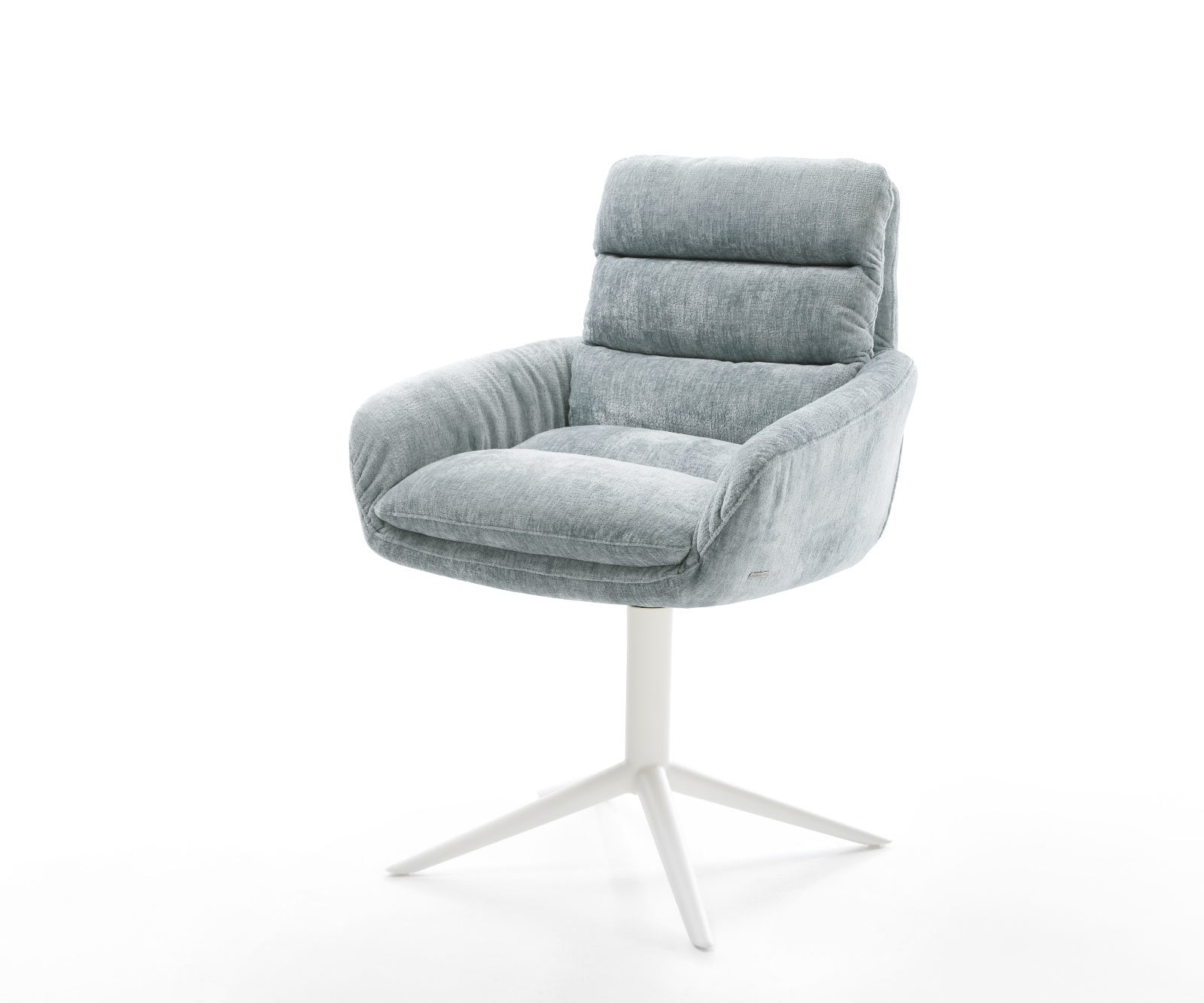 Chaise-pivotante Abelia-Flex avec accoudoirs chenille bleu pastel pied de chaise 4 branches blanc pivotement sur 360° fonction bascule Chaise-pivotante Abelia-Flex avec accoudoirs chenille bleu pastel pied de chaise 4 branches blanc pivotement sur 360° fonction bascule