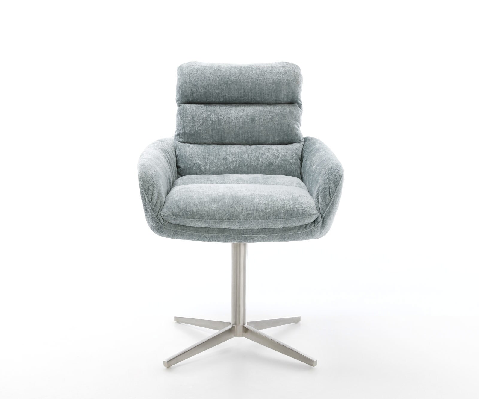 Chaise-pivotante Abelia-Flex avec accoudoirs chenille bleu pastel pied de chaise 4 branches acier inoxydable brossé pivotement sur 360° 1 Chaise-pivotante Abelia-Flex avec accoudoirs chenille bleu pastel pied de chaise 4 branches acier inoxydable brossé pivotement sur 360° 1