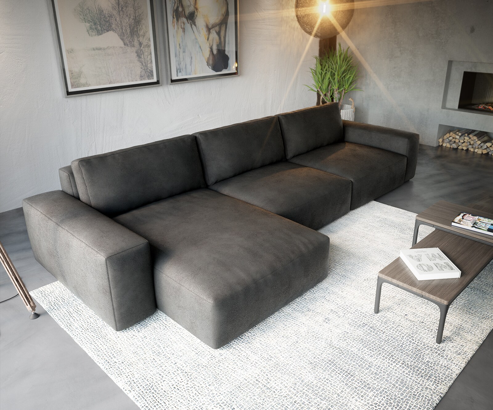 Canapé d'angle Lanzo XL 380x180 cm Imitation cuir Vintage Anthracite Recamière variable 3