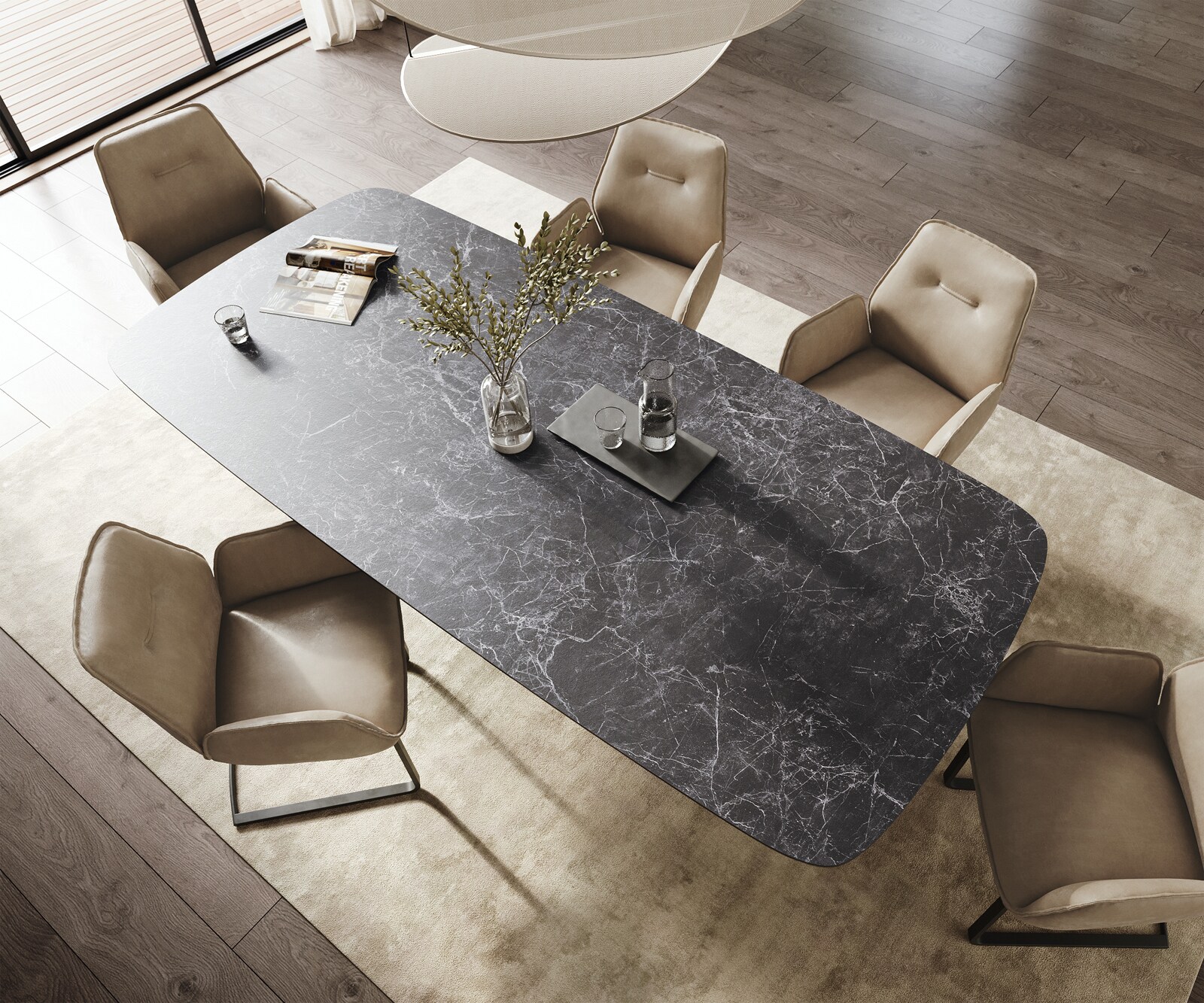 Table à manger Edge Boot 260x120 cm Céramique Laminam® Nero Greco Anthracite piètement en W Métal Noir 2