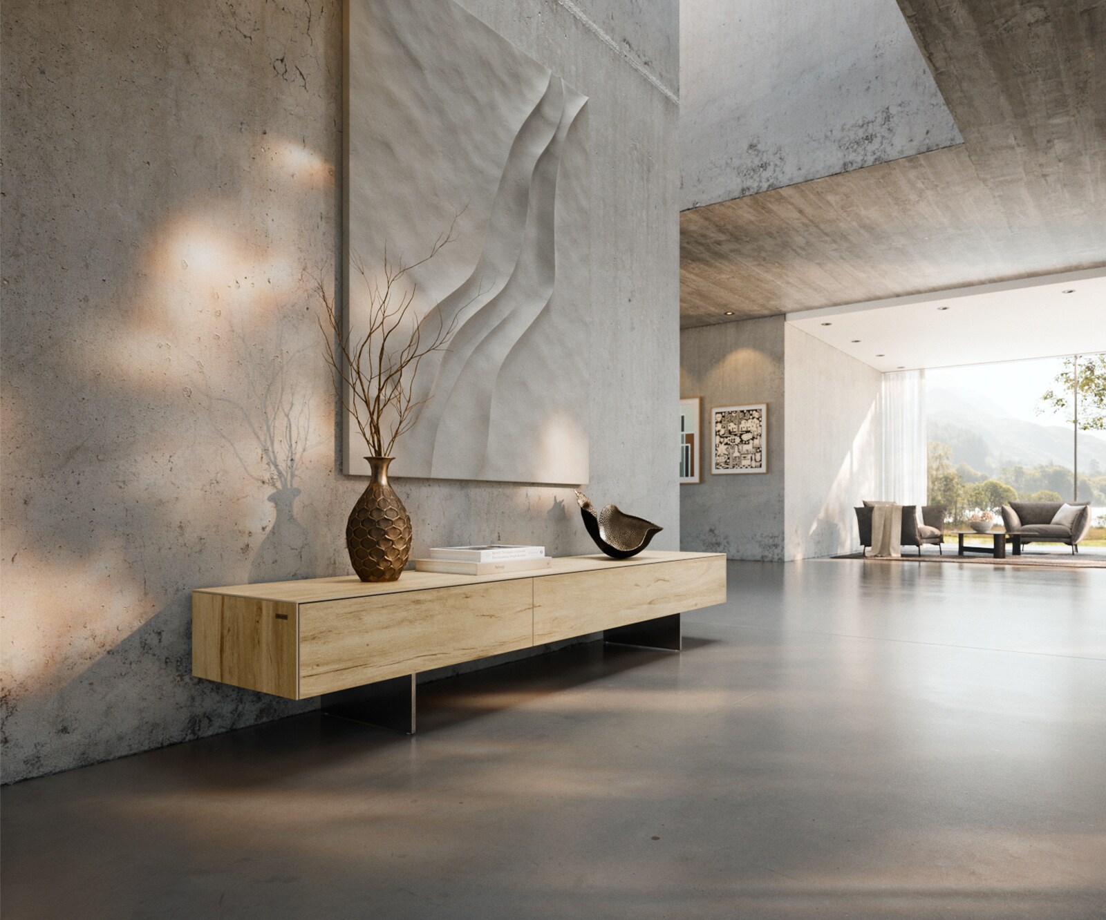 Meuble-TV Cuor 200 cm Céramique Laminam® Sabbia Teinte chêne 1 Clapet 1 Tiroir Pied optique flottant Ancier inoxydable