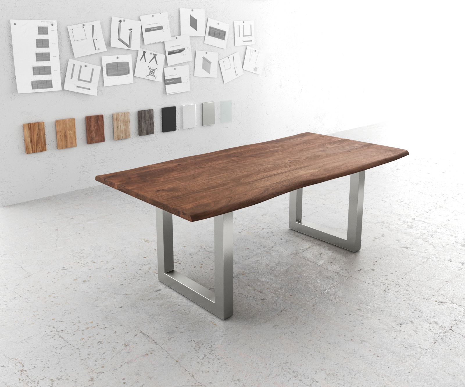 Table-à-manger Edge 200x100 acacia marron acier inoxydable large Live-Edge Table-à-manger Edge 200x100 acacia marron acier inoxydable large Live-Edge