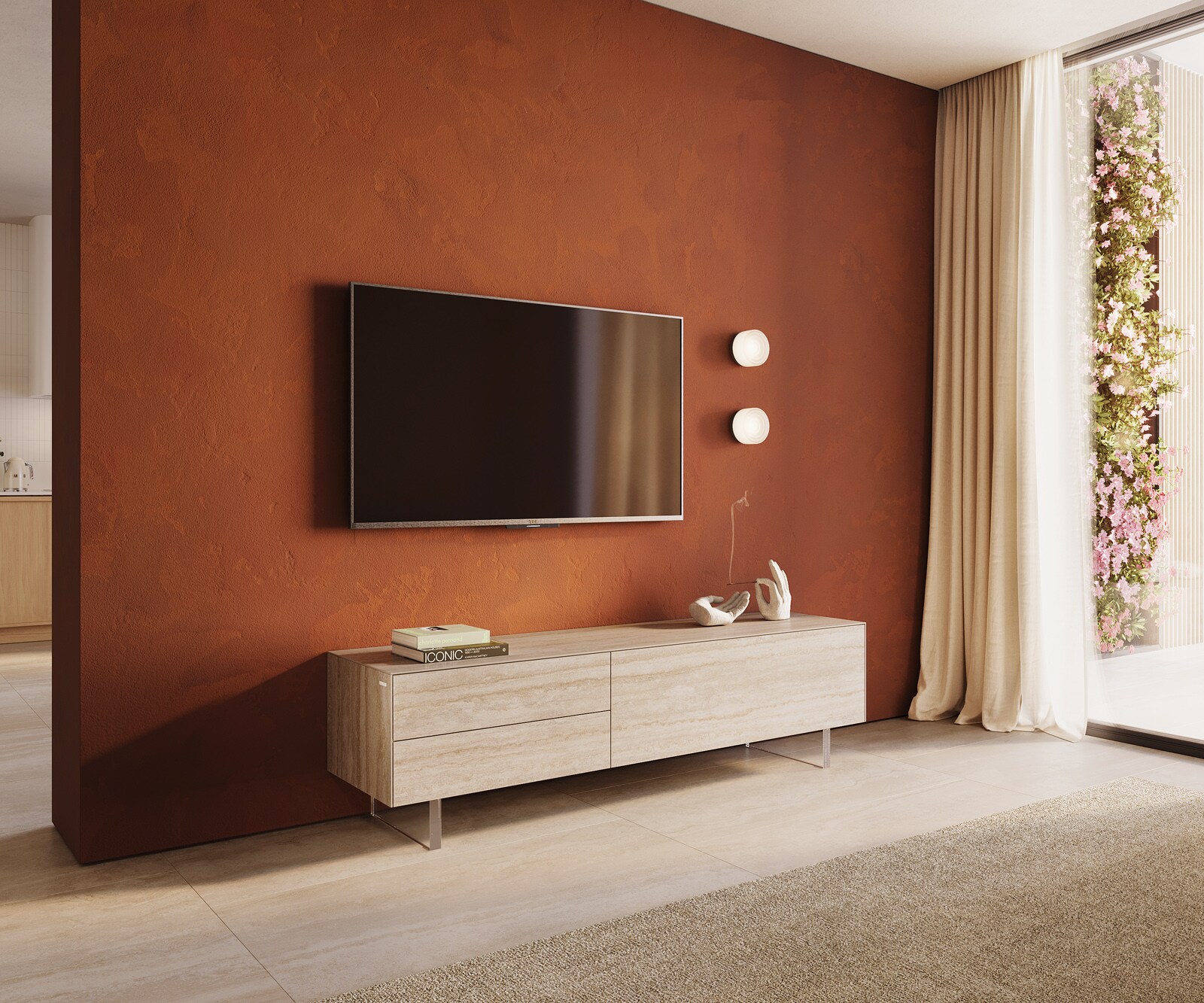 Meuble-TV Cuor 180 cm Céramique Laminam® Travertino Bianco Crème-blanc 1 Clapet 2 Tiroirs Pied optique flottant Verre acrylique 1