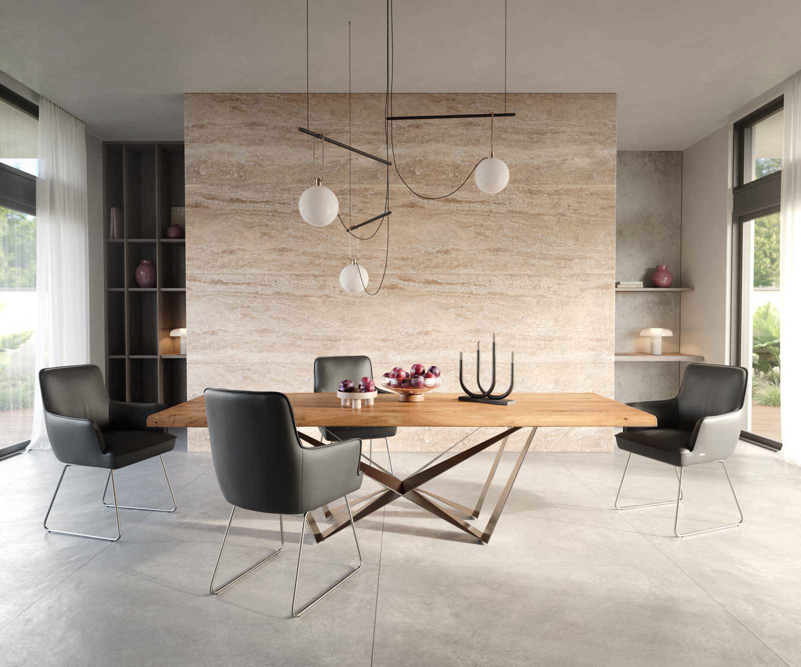 Chaise-de-salle-à-manger Heira-Flex avec accoudoirs cuir de vache noir pied trapèze acier inoxydable brossé ressorts ensachés 4 Chaise-de-salle-à-manger Heira-Flex avec accoudoirs cuir de vache noir pied trapèze acier inoxydable brossé ressorts ensachés 4