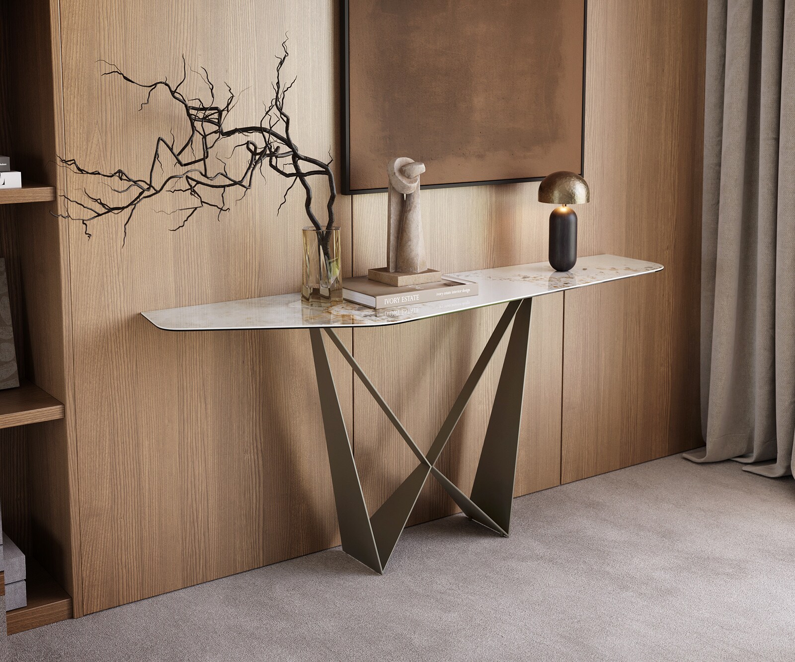 Console Edge Polygonal 180x50 cm Céramique Minas Melange Weiß-Beige Spios Métal Effektfinish Titan 1