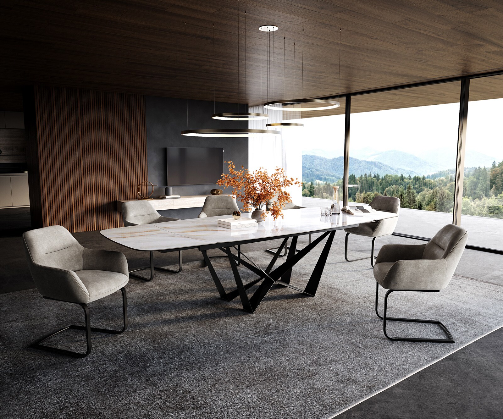 Table à manger Edge forme bateau 200-300x120 cm céramique Onyx Pearl Spider acier plat noir extensible 6