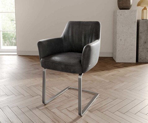 Cantilever Xana-Flex avec accoudoirs microvelours anthracite vintage pied cantilever plat acier inoxydable brossé ressorts ensachés