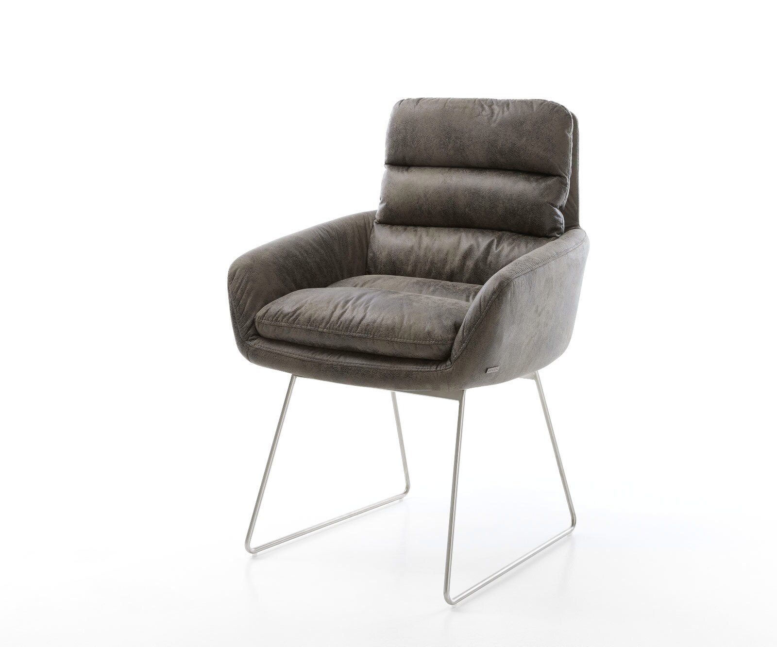 Chaise-de-salle-à-manger Abelia-Flex avec accoudoirs microvelours gris antique pied trapèze acier inoxydable brossé