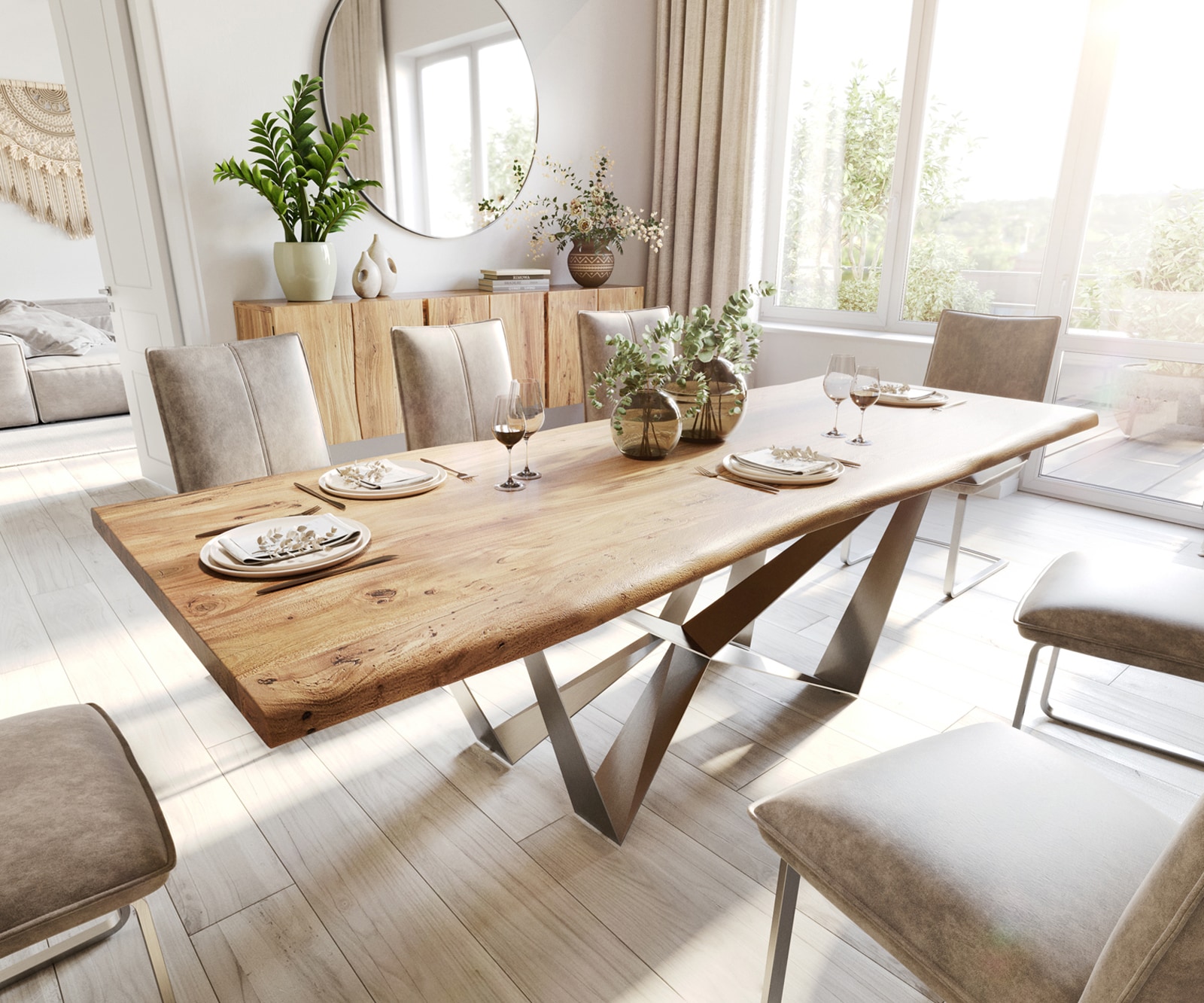 Table à manger Edge 240x100 acacia nature Spider acier plat acier inoxydable Live-Edge 1