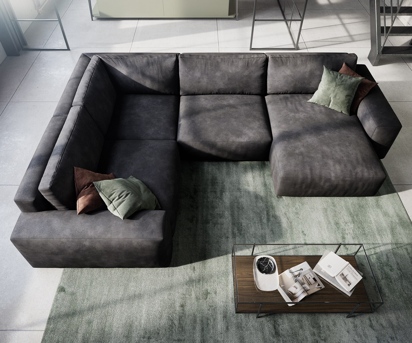 Grand canapé d’angle Lanzo 300x210 cm similicuir vintage anthracite méridienne réversible 3