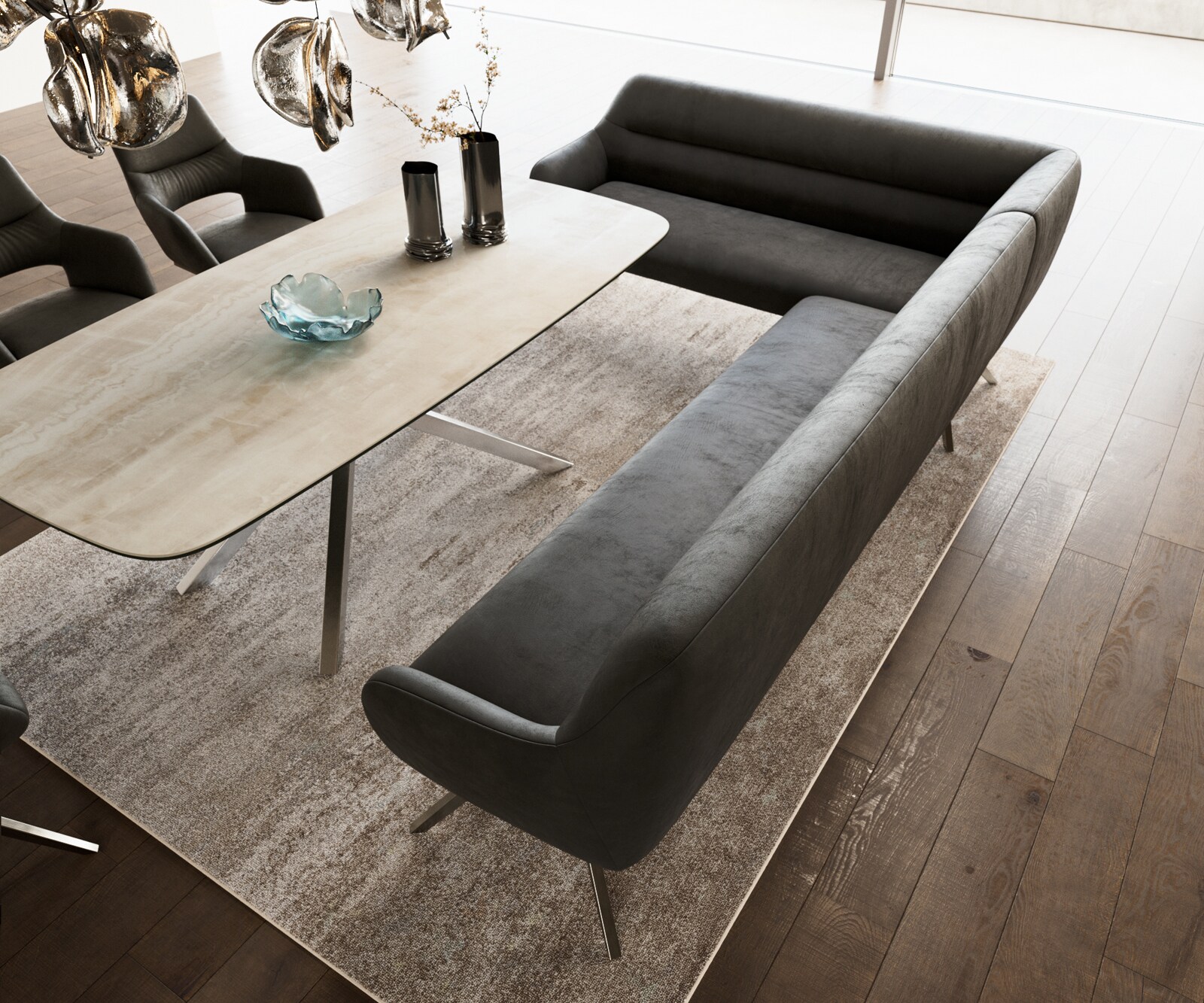 Banc-de-salle-à-manger Taya-Flex 285x190 cm microfibre antracite vintage pied croisé angulaire acier inoxydable ressort ensaché à droite 4