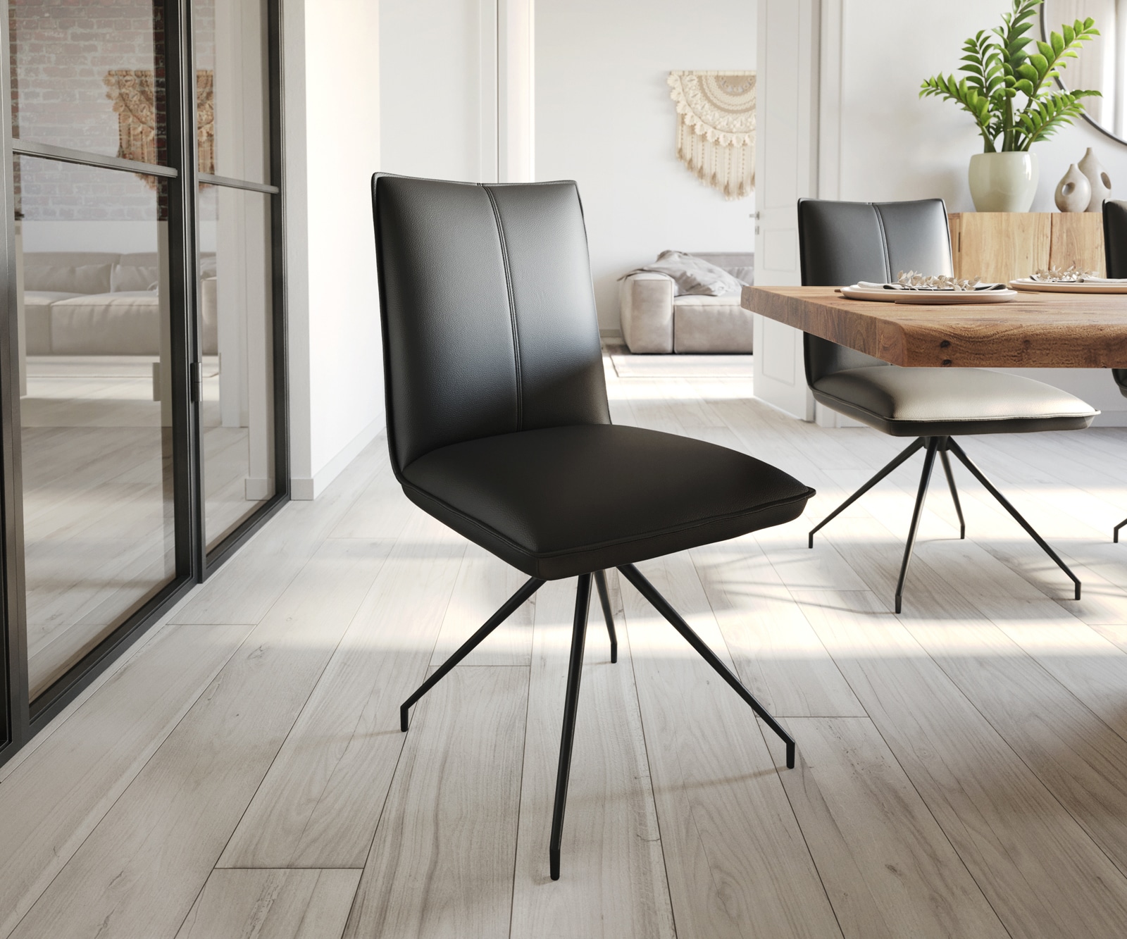 Chaise-de-salle-à-manger Lelio-Flex cuir de vache noir pied croisé conique noir ressorts ensachés Chaise-de-salle-à-manger Lelio-Flex cuir de vache noir pied croisé conique noir ressorts ensachés