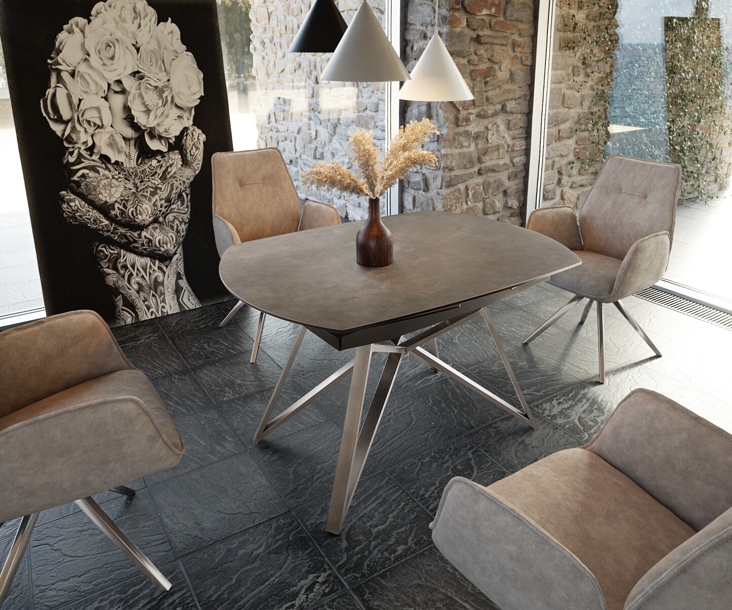 Table-manger Carlow 130/200x95 cm céramique marron acier inoxydable extensible 1