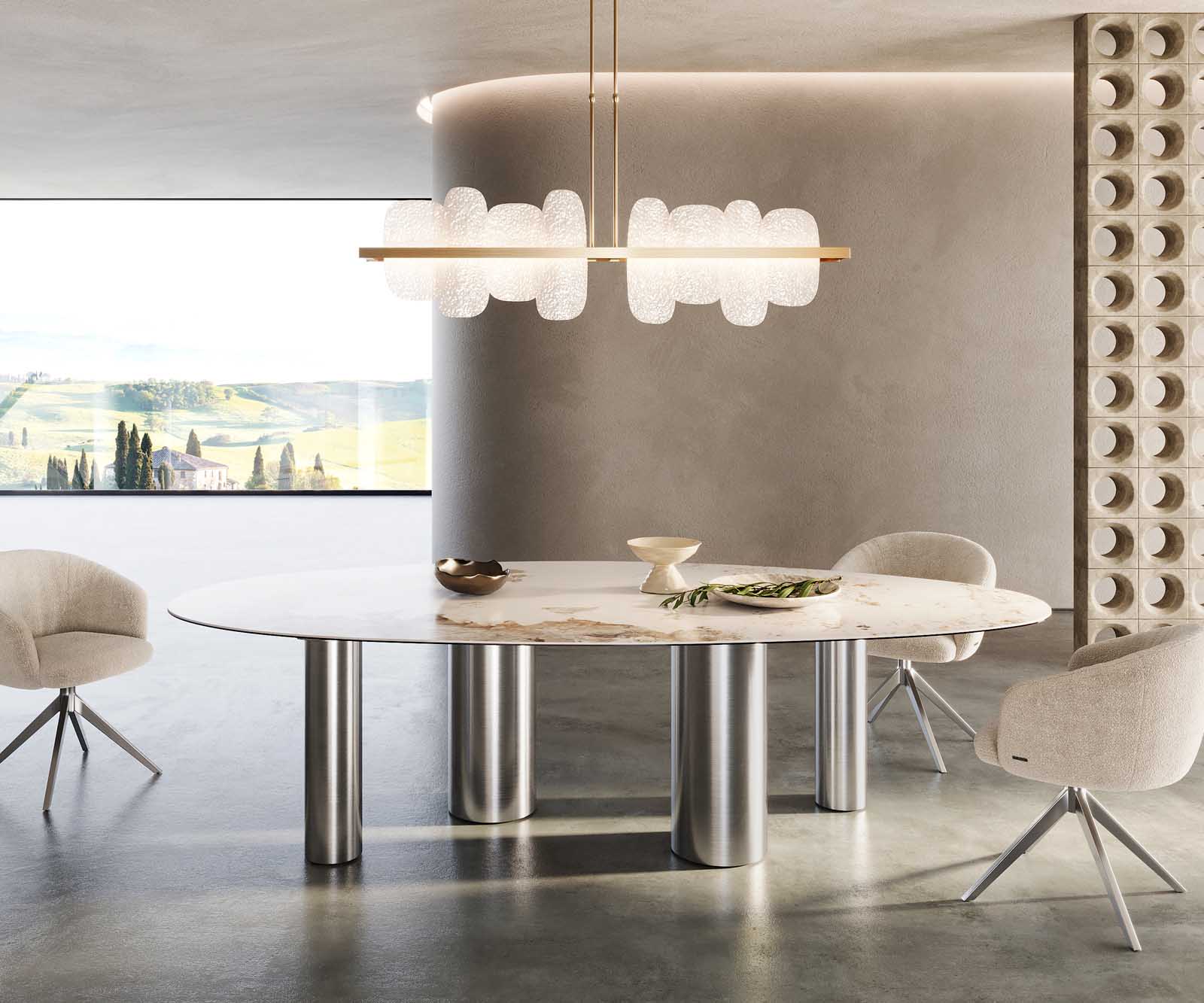 Table à manger Edge Oval 280x130 Céramique Minas Melange Blanc-Beige Pilier Acier inoxydable 1