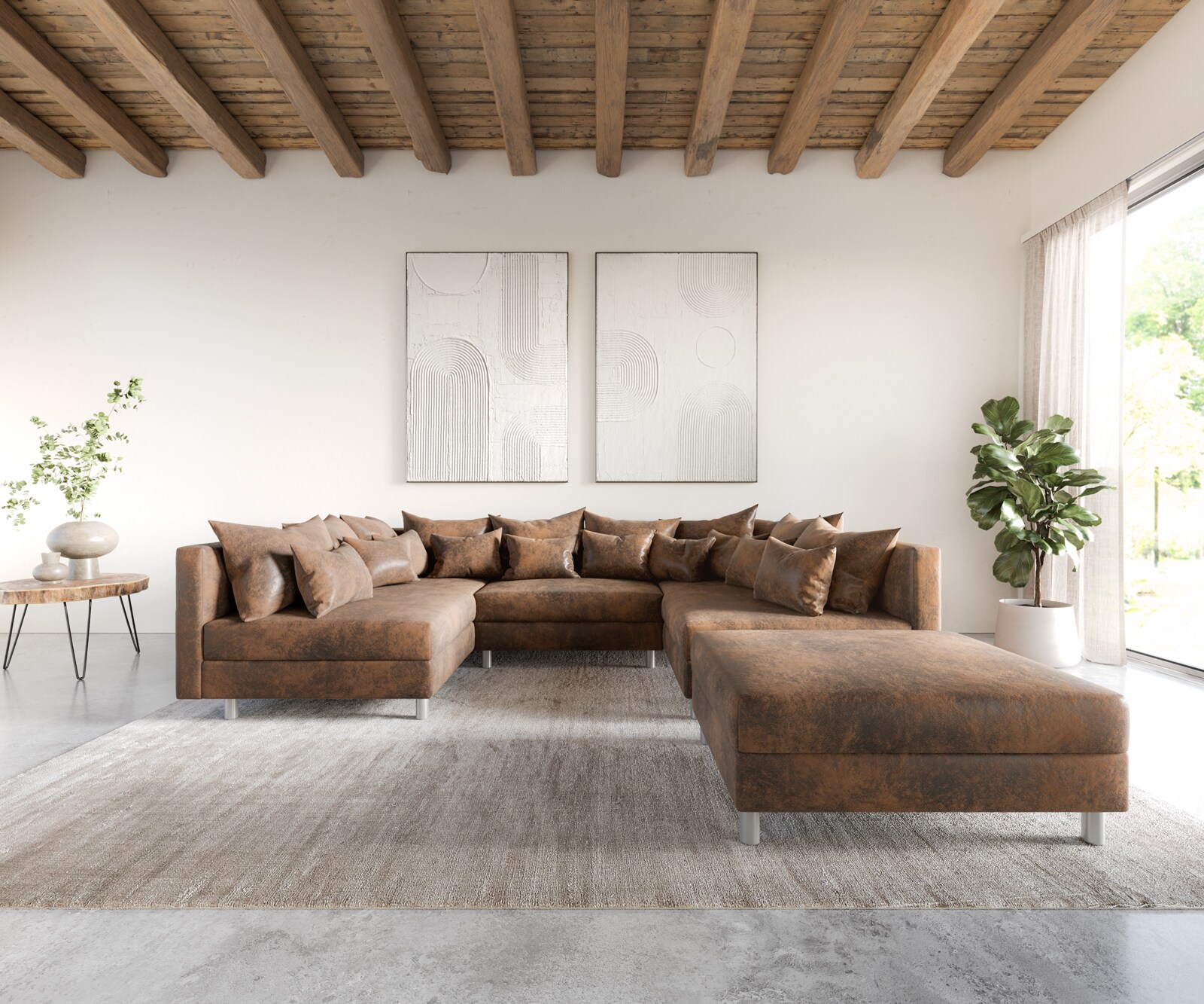 Canapé-Panoramique Clovis Marron look Vintage modulable avec Tabouret  2