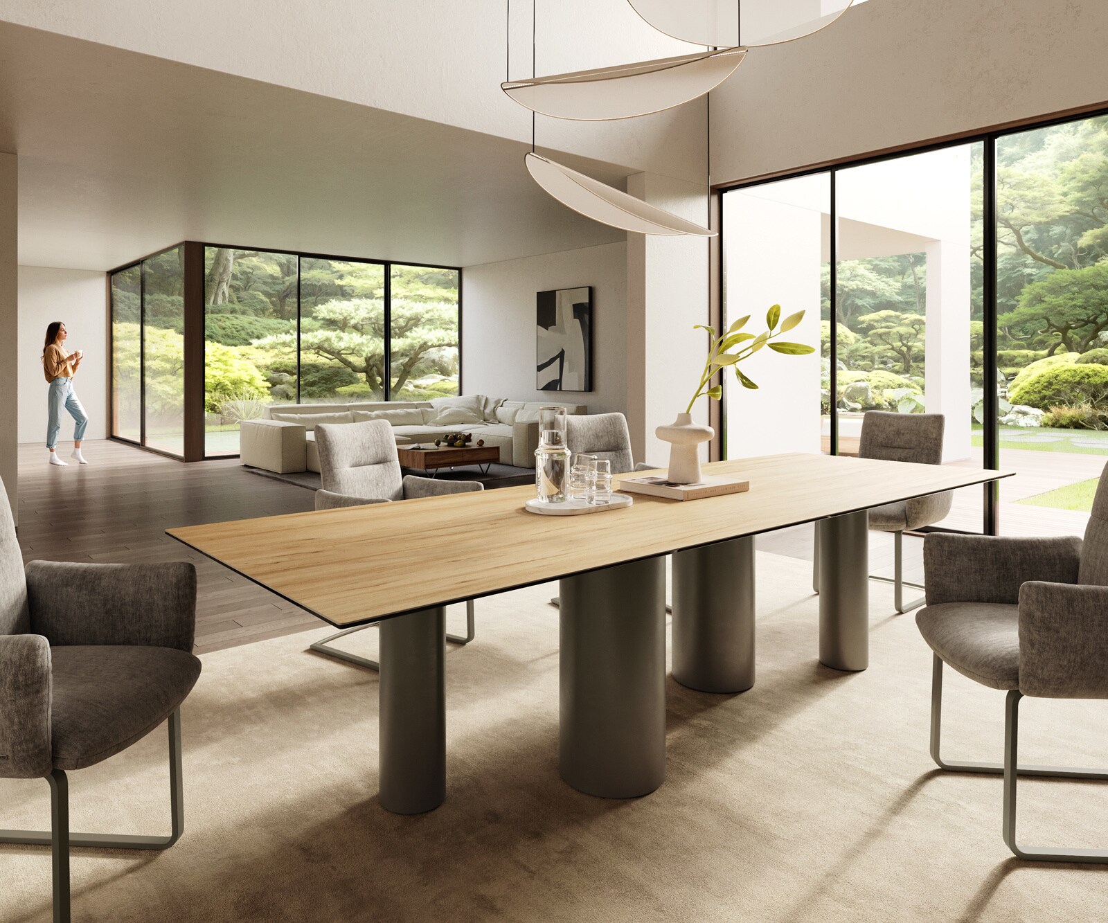 Table à manger Edge 300x100 Céramique Laminam® Sabbia Couleur chêne Pilier Métal finition à effet Titane 1