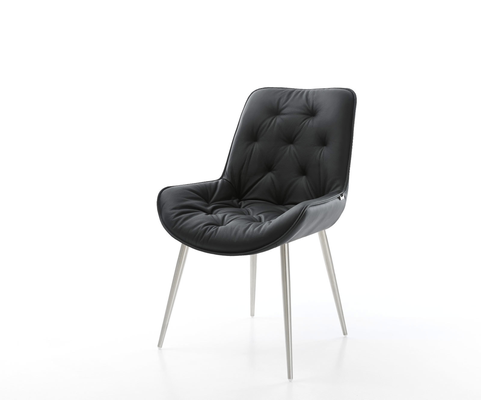 Chaise-de-salle-à-manger Taimi-Flex cuir de vache noir 4 pieds coniques acier inoxydable brossé Chaise-de-salle-à-manger Taimi-Flex cuir de vache noir 4 pieds coniques acier inoxydable brossé