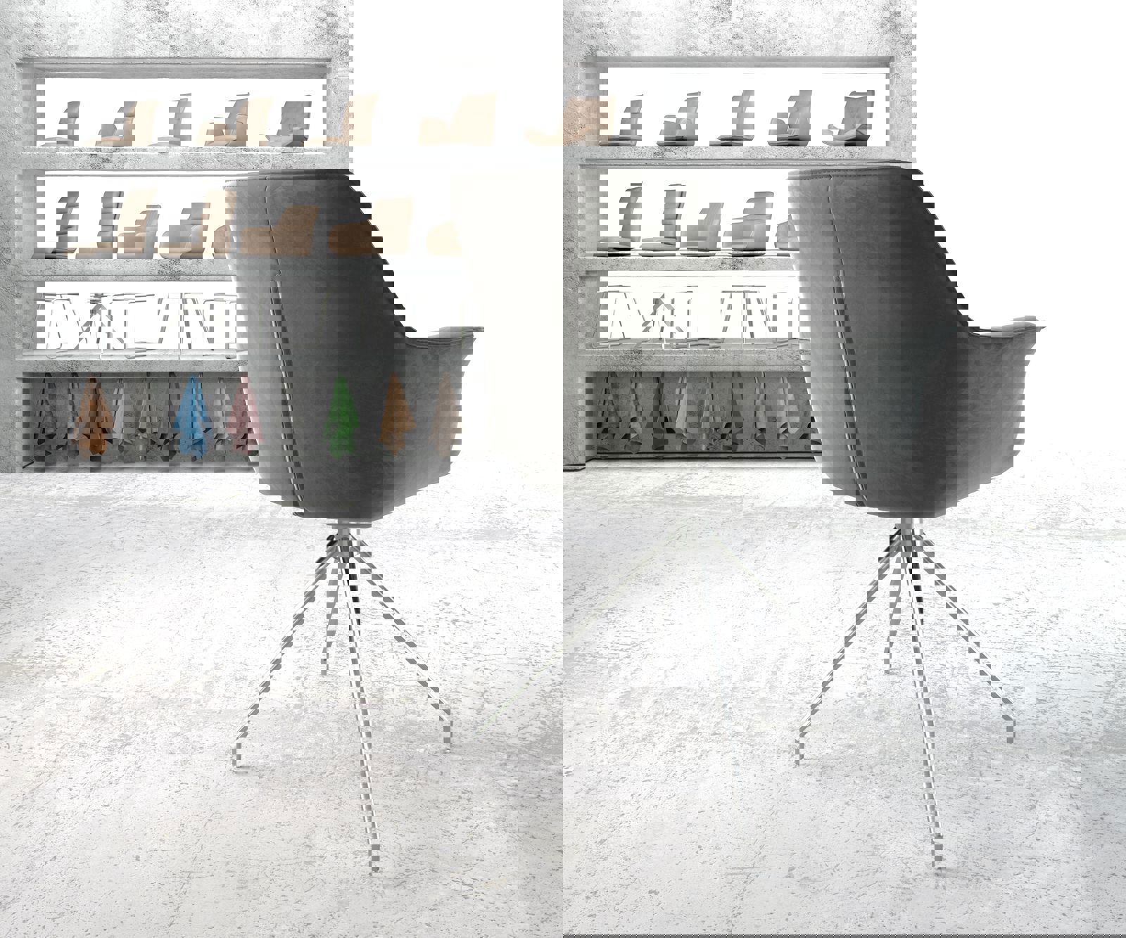 Chaise-de-salle-à-manger Keila-Flex avec accoudoirs velours gris pied croisé conique acier inoxydable brossé 4