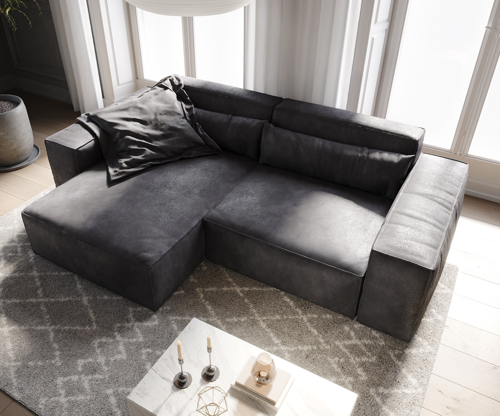 Canapé d'angle Sirpio 230x155 cm Cuir synthétique Vintage Anthracite Recamiere variable 3