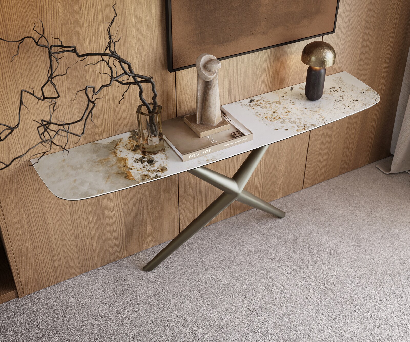 Console Edge forme bateau 180x40 cm Céramique Minas Melange Weiß-Beige Estelo Métal Effektfinish Titan 2