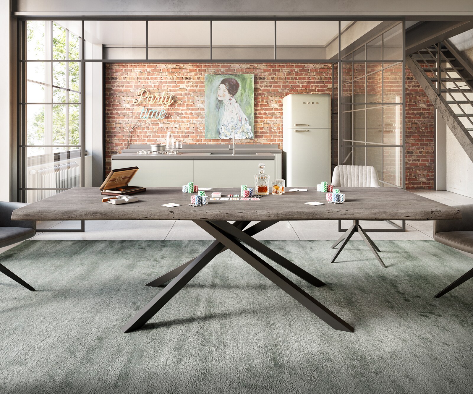 Table à manger Edge 260x100 XL acacia platine cadre croisé rectangle noir Live-Edge 1