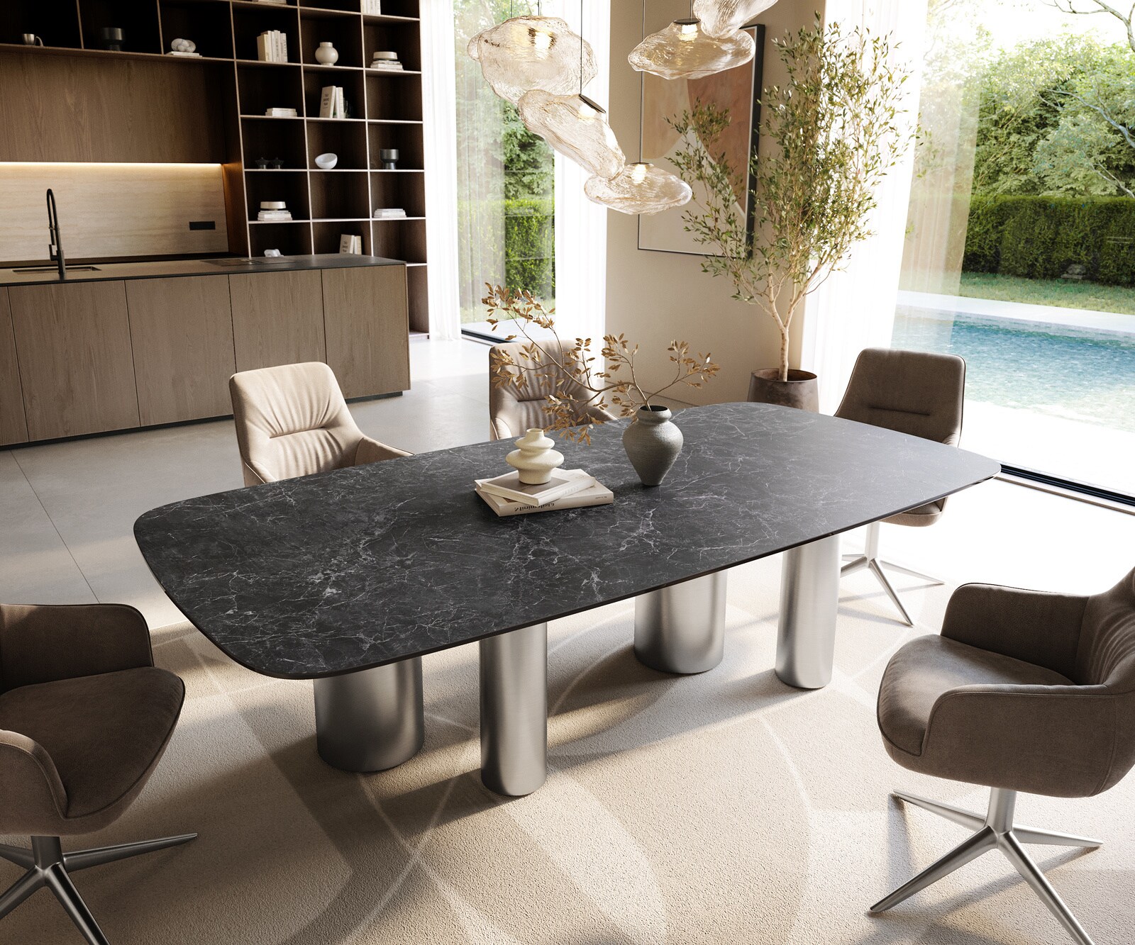 Table à manger Edge Boot 240x120 cm Céramique Laminam® Nero Greco Anthracite Pilier Acier inoxydable gebürstet