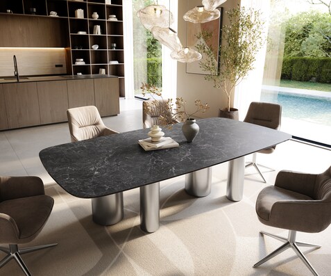 Table à manger Edge Boot 240x120 cm Céramique Laminam® Nero Greco Anthracite Pilier Acier inoxydable gebürstet