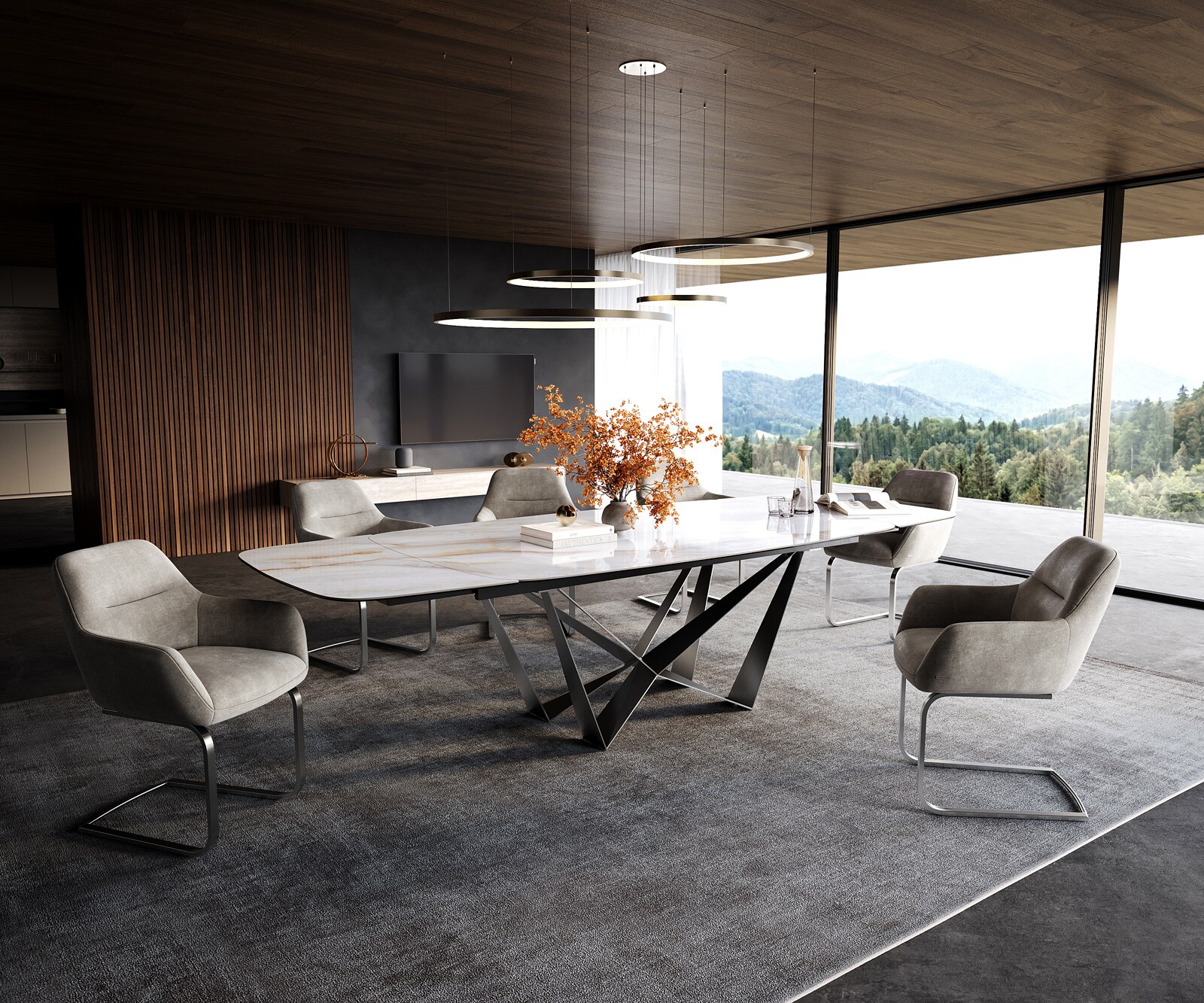 Table à manger Edge forme bateau 200-300x120 cm céramique Onyx Pearl Spider acier plat inox extensible 6