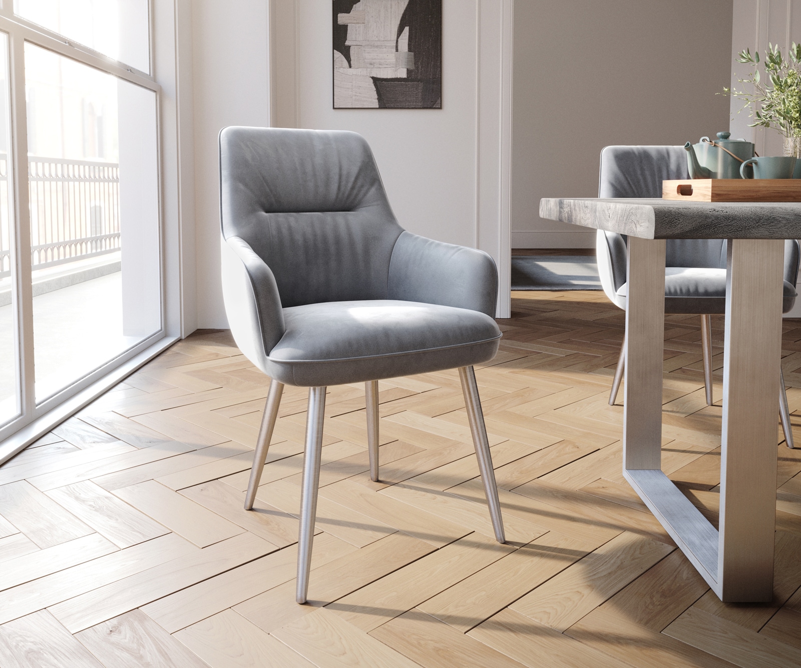 Chaise-de-salle-à-manger Zelia-Flex avec accoudoirs velours gris 4 pieds coniques acier inoxydable brossé ressorts ensachés Chaise-de-salle-à-manger Zelia-Flex avec accoudoirs velours gris 4 pieds coniques acier inoxydable brossé ressorts ensachés