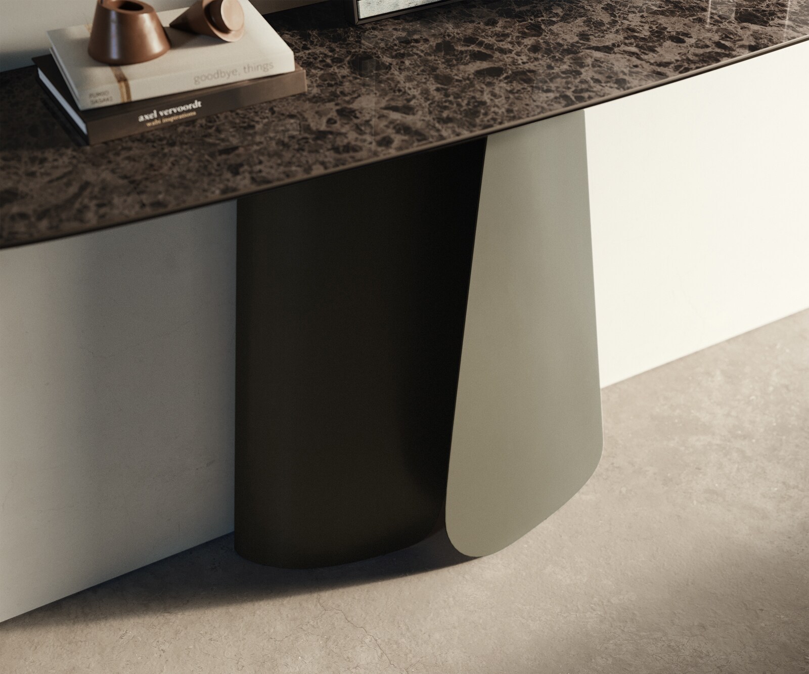 Console Edge forme bateau 140x40 cm Céramique Emperador Extra Lucidato Dunkelbraun Livos Métal Effektfinish Titan 6