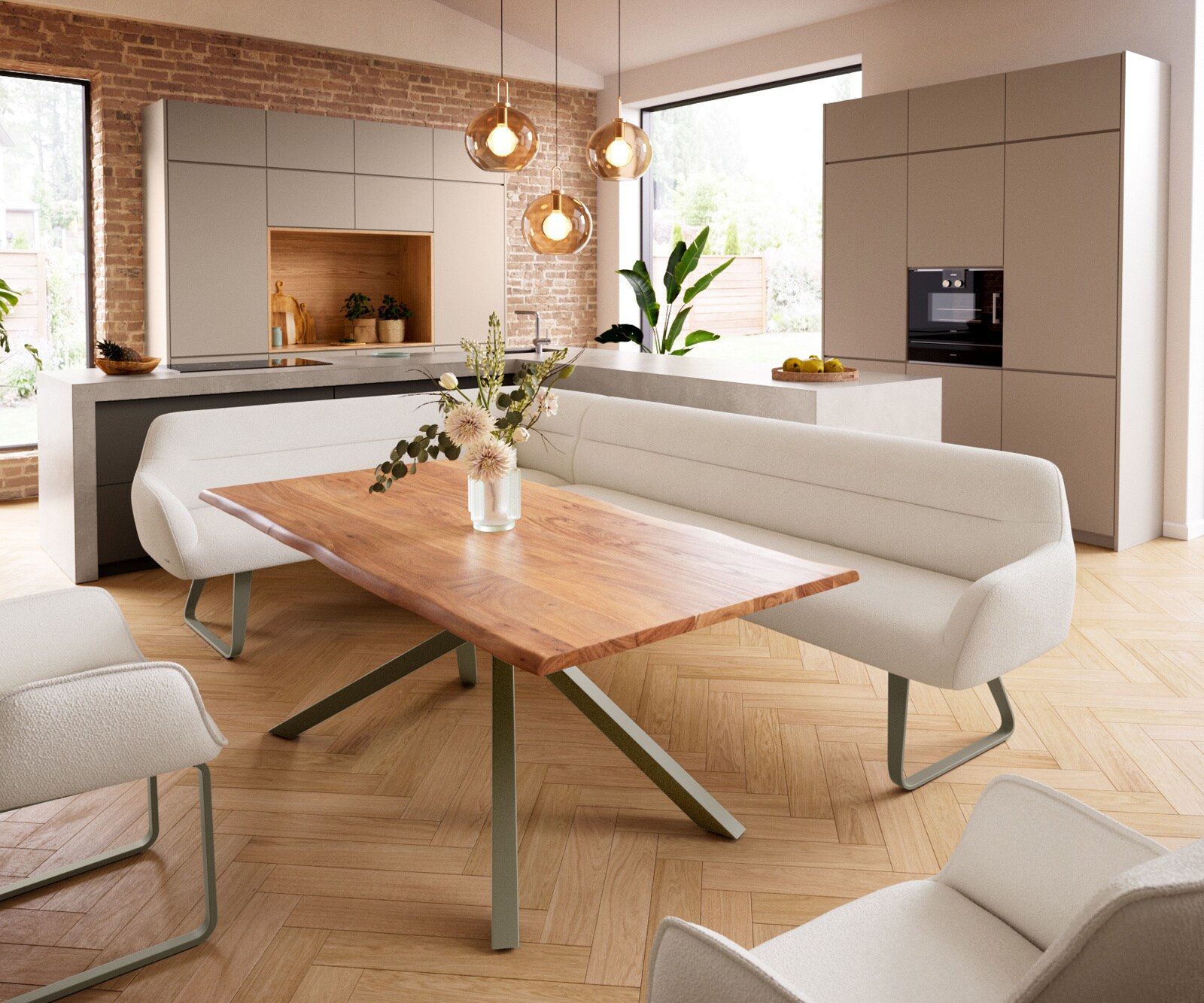 Banc-de-salle-à-manger Taya-Flex 285x190 cm bouclé crème-blanc châssis à patins plat titane ressort ensaché à droite 1