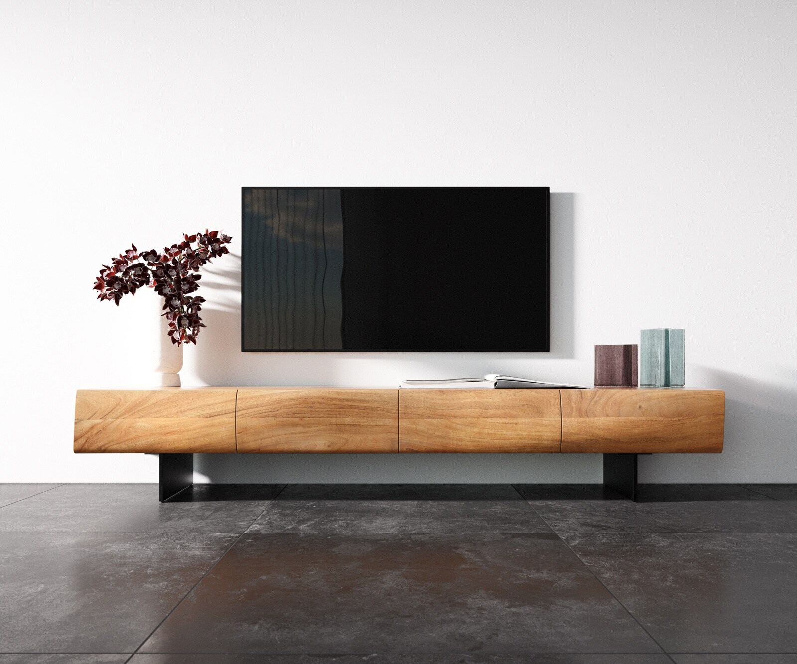 Meuble - TV New Live-Edge 200 cm acacia naturel 4 portes pied flottant métal noir 3