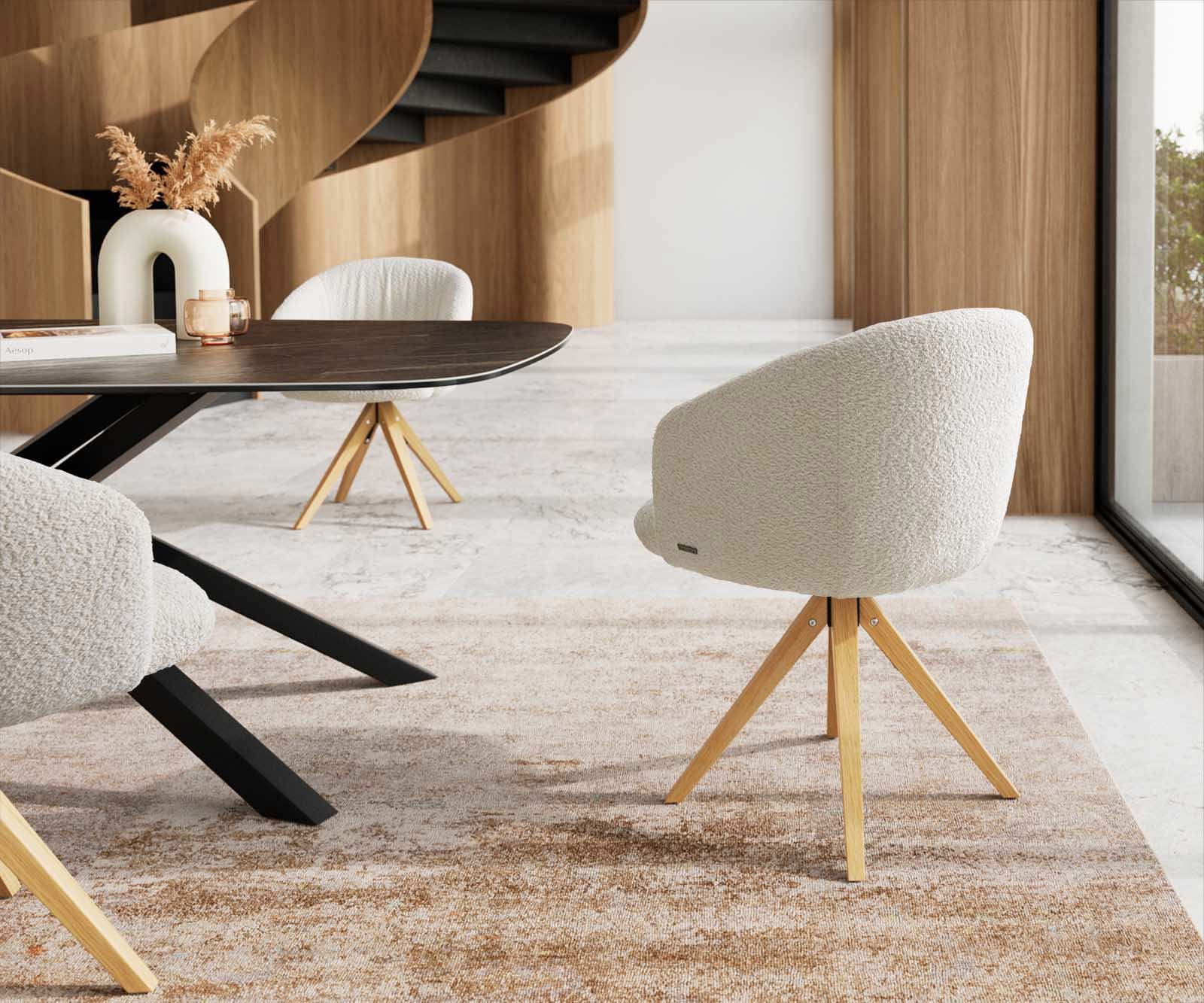 Chaise-pivotante Caja-Flex avec accoudoirs bouclé blanc pied en bois angulaire naturel pivotement sur 180° ressorts ensachés 4 Chaise-pivotante Caja-Flex avec accoudoirs bouclé blanc pied en bois angulaire naturel pivotement sur 180° ressorts ensachés 4
