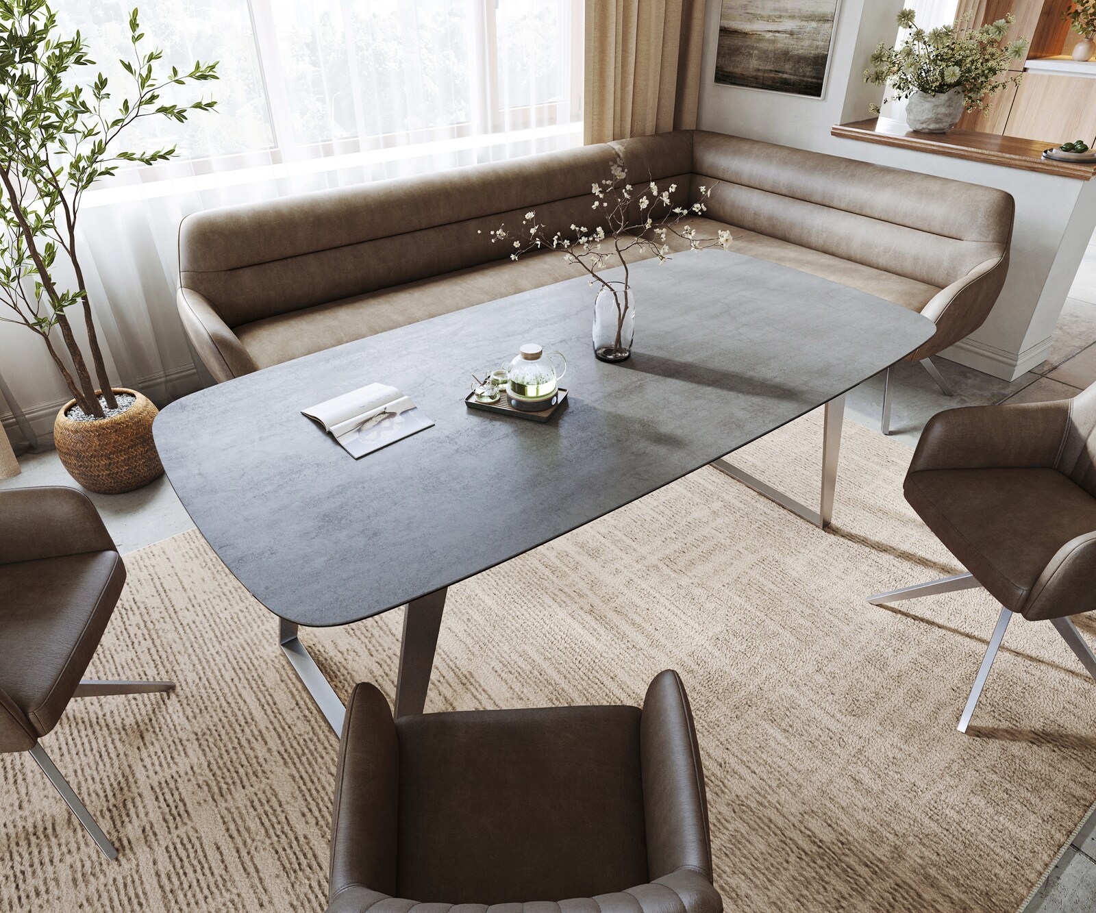 Table à manger Edge bateau 200x100 cm céramique béton gris inox incliné 3