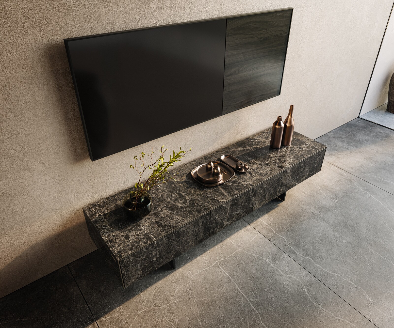 Meuble-TV Cuor 150 cm Céramique Laminam® Emperador Extra Lucidato brun foncé 1 Clapet 1 Tiroir Pied optique flottant Métal Noir 3
