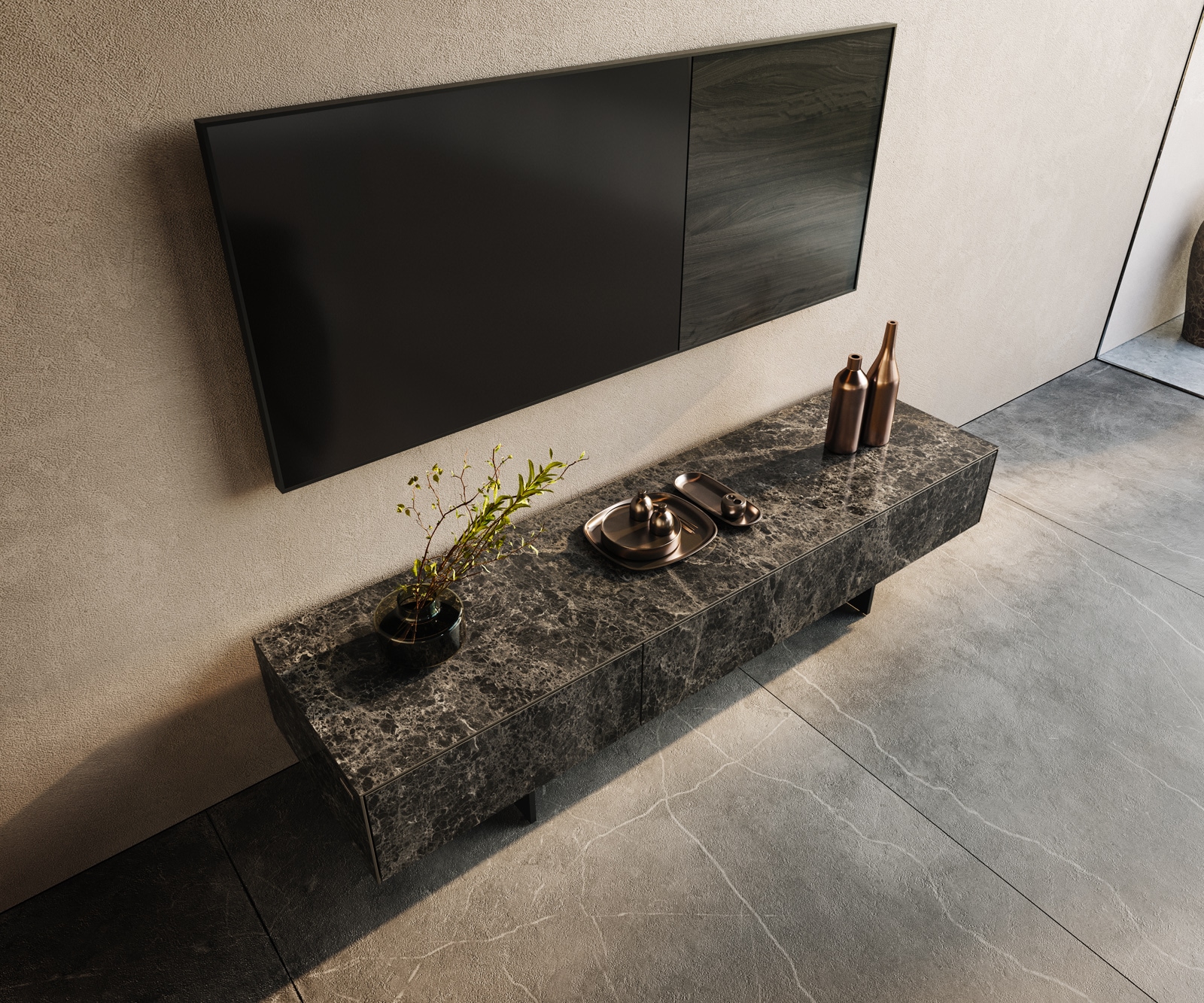 Meuble-TV Cuor 150 cm Céramique Emperador Extra Lucidato brun foncé 1 Clapet 1 Tiroir Pied optique flottant Métal Noir 3 Meuble-TV Cuor 150 cm Céramique Emperador Extra Lucidato brun foncé 1 Clapet 1 Tiroir Pied optique flottant Métal Noir 3