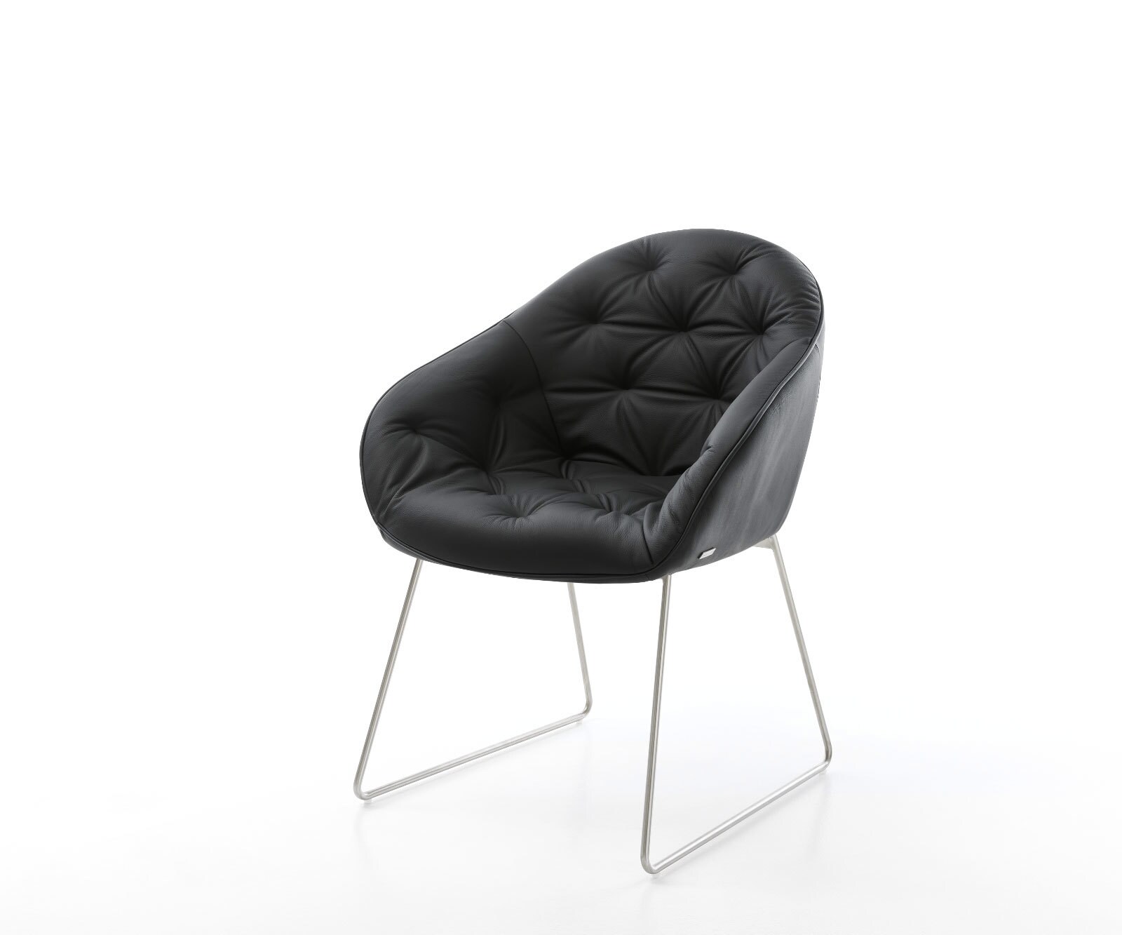 Chaise-de-salle-à-manger Gaio-Flex cuir de vache noir pied trapèze acier inoxydable brossé