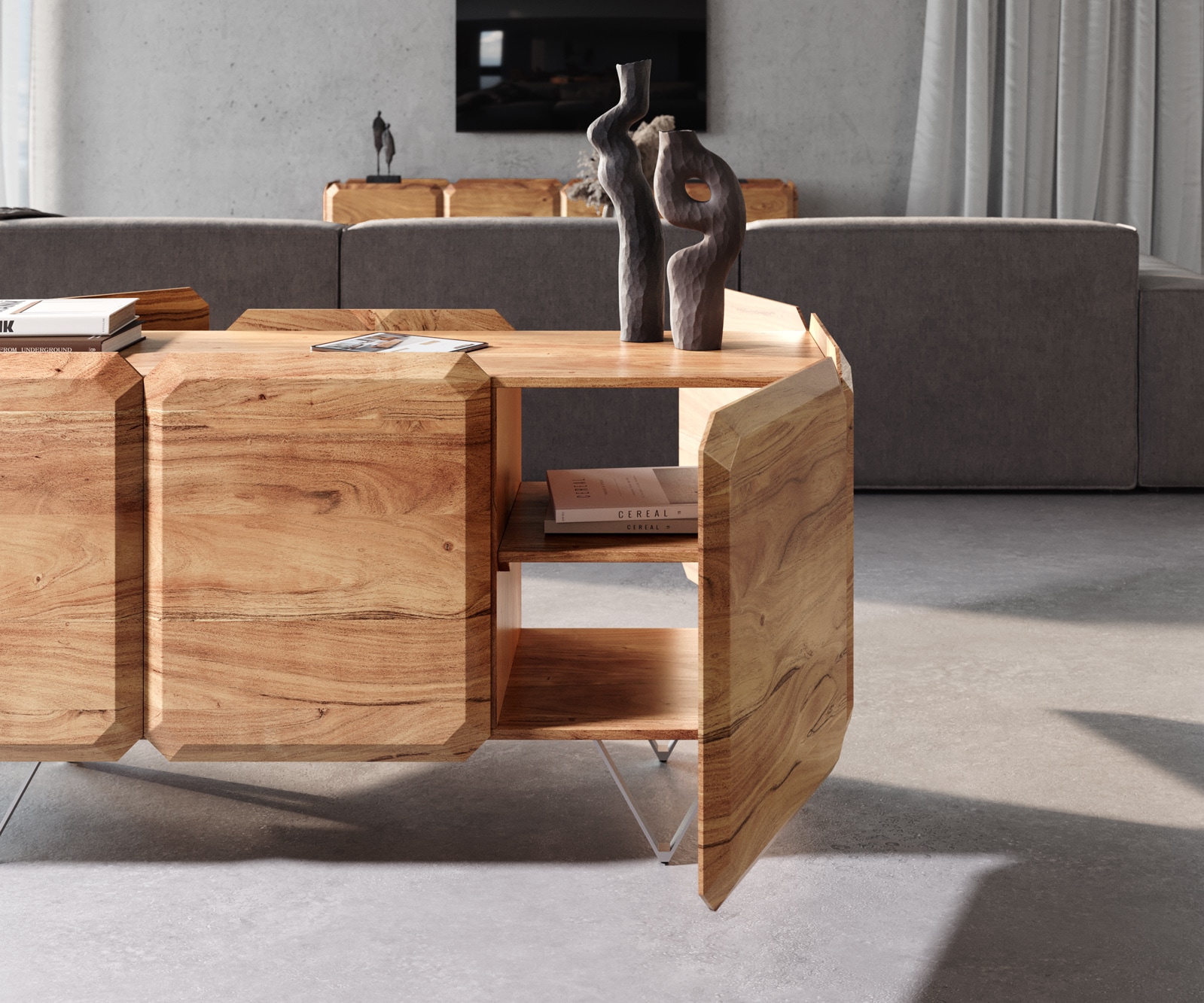 Buffet Kiano 145 cm Acacia Nature 3 Portes Pied en V Acier inoxydable Séparateur de pièce 4 Buffet Kiano 145 cm Acacia Nature 3 Portes Pied en V Acier inoxydable Séparateur de pièce 4