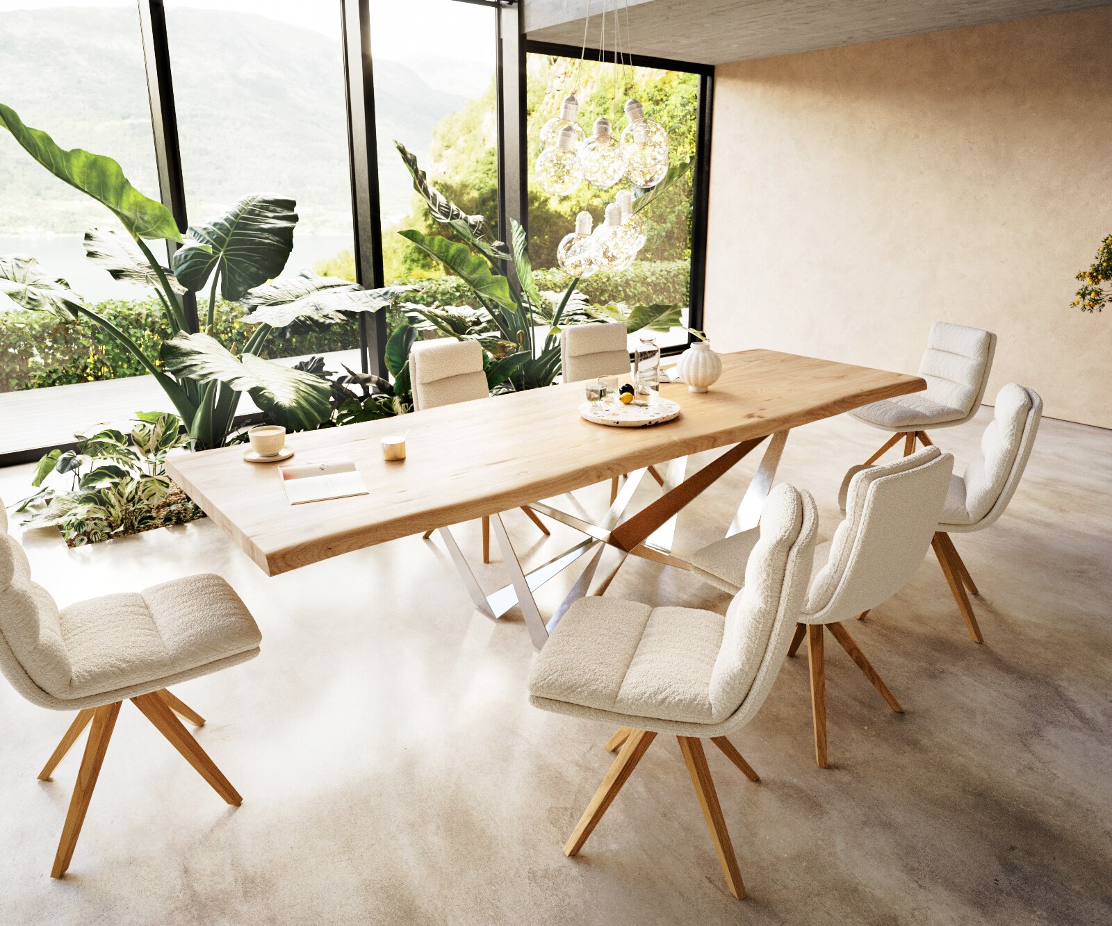 Table à manger Edge 300x100 chêne nature Spider acier plat acier inoxydable Live-Edge 6