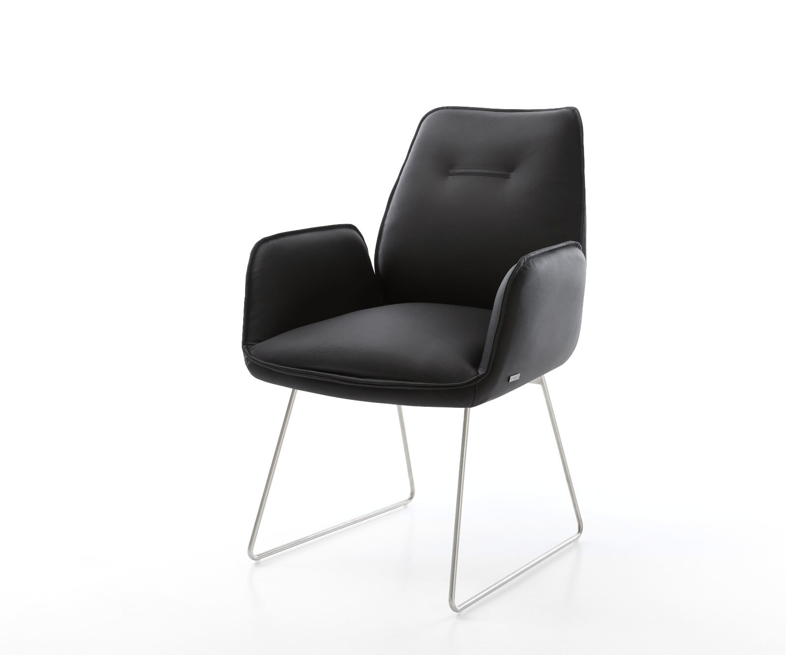 Chaise-de-salle-à-manger Zoa-Flex cuir de vache noir pied trapèze acier inoxydable brossé ressorts ensachés