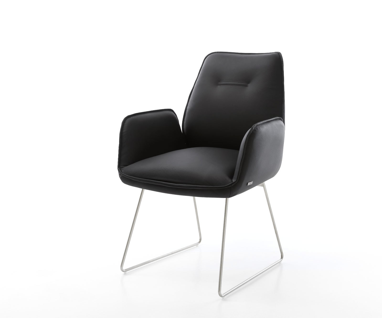 Chaise-de-salle-à-manger Zoa-Flex cuir de vache noir pied trapèze acier inoxydable brossé ressorts ensachés Chaise-de-salle-à-manger Zoa-Flex cuir de vache noir pied trapèze acier inoxydable brossé ressorts ensachés