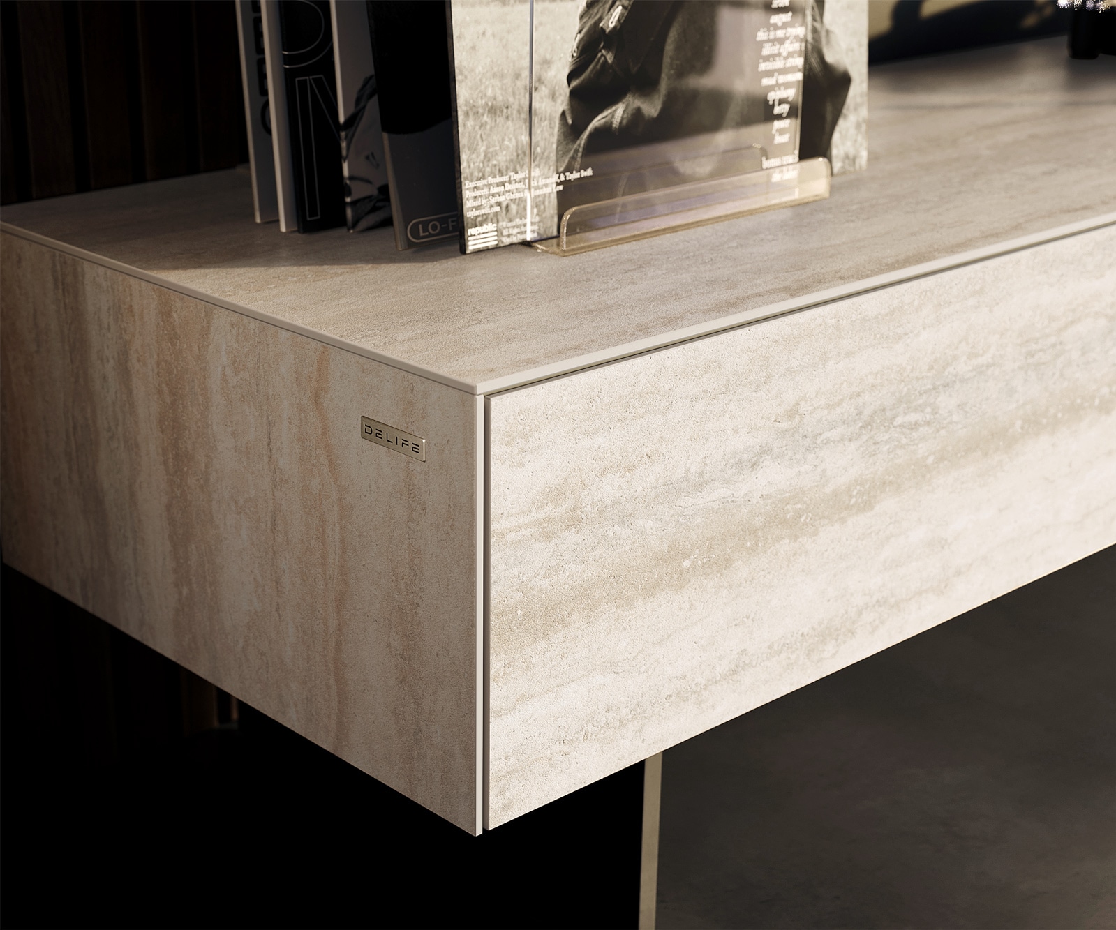 Meuble-TV Cuor 150 cm Céramique Laminam® Travertino Bianco Crème-blanc 1 Clapet 1 Tiroir Pied optique flottant Métal Noir 6 Meuble-TV Cuor 150 cm Céramique Laminam® Travertino Bianco Crème-blanc 1 Clapet 1 Tiroir Pied optique flottant Métal Noir 6