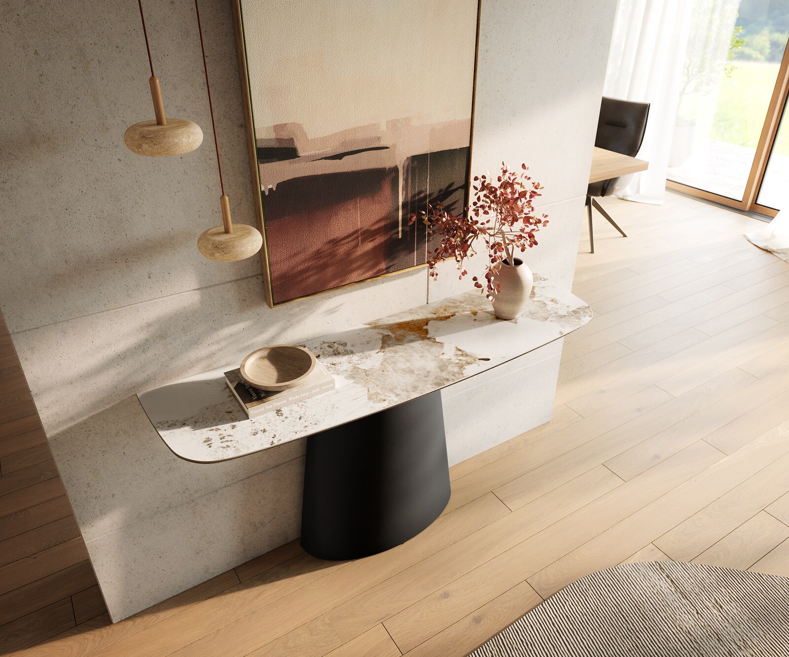 Console Edge forme bateau 140x40 cm Céramique Minas Melange Weiß-Beige Conos Métal Noir 1